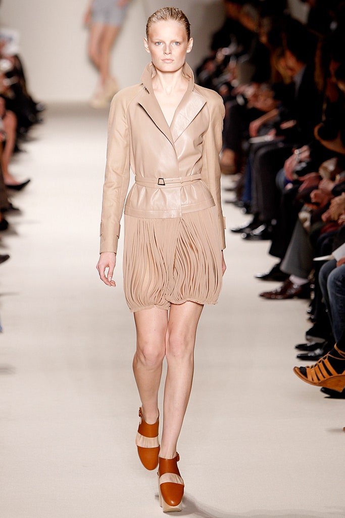beige leather fitted jacket and dress