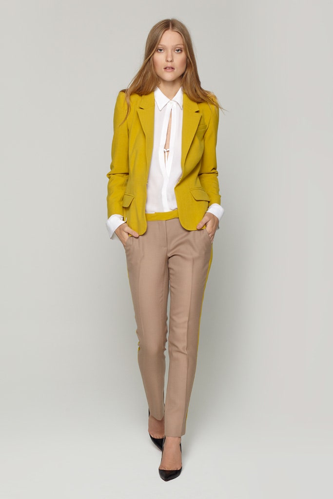 yellow tailored blazer with white shirt