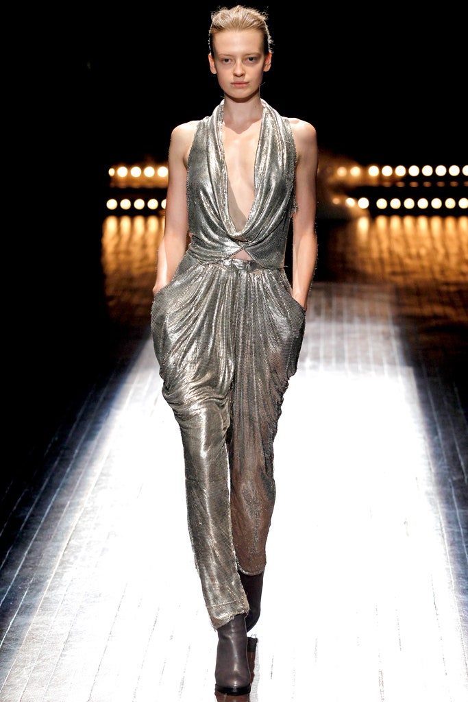 silver metallic sleeveless jumpsuit