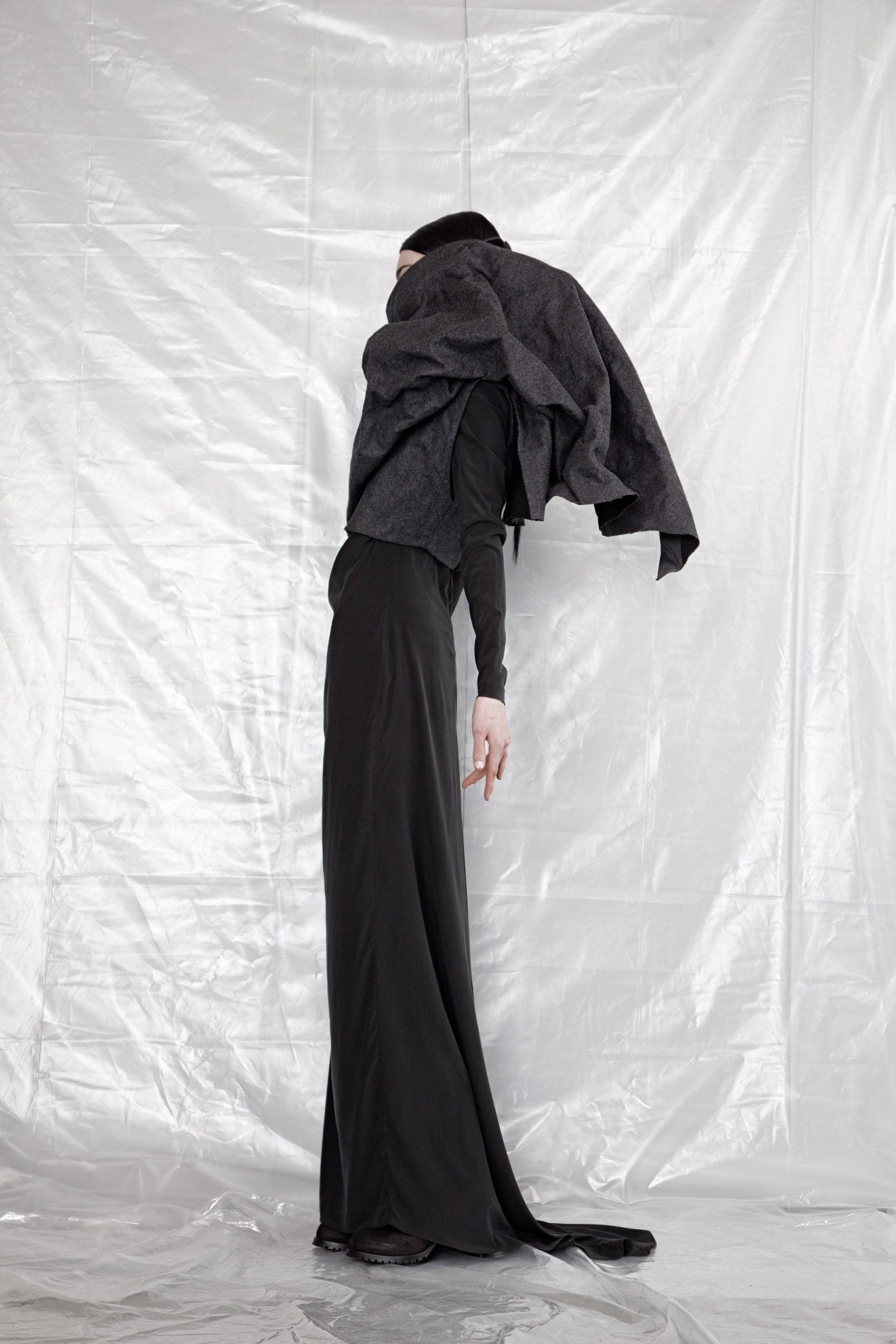 black silk long-sleeve high-neck fitted straight-leg flowing gown