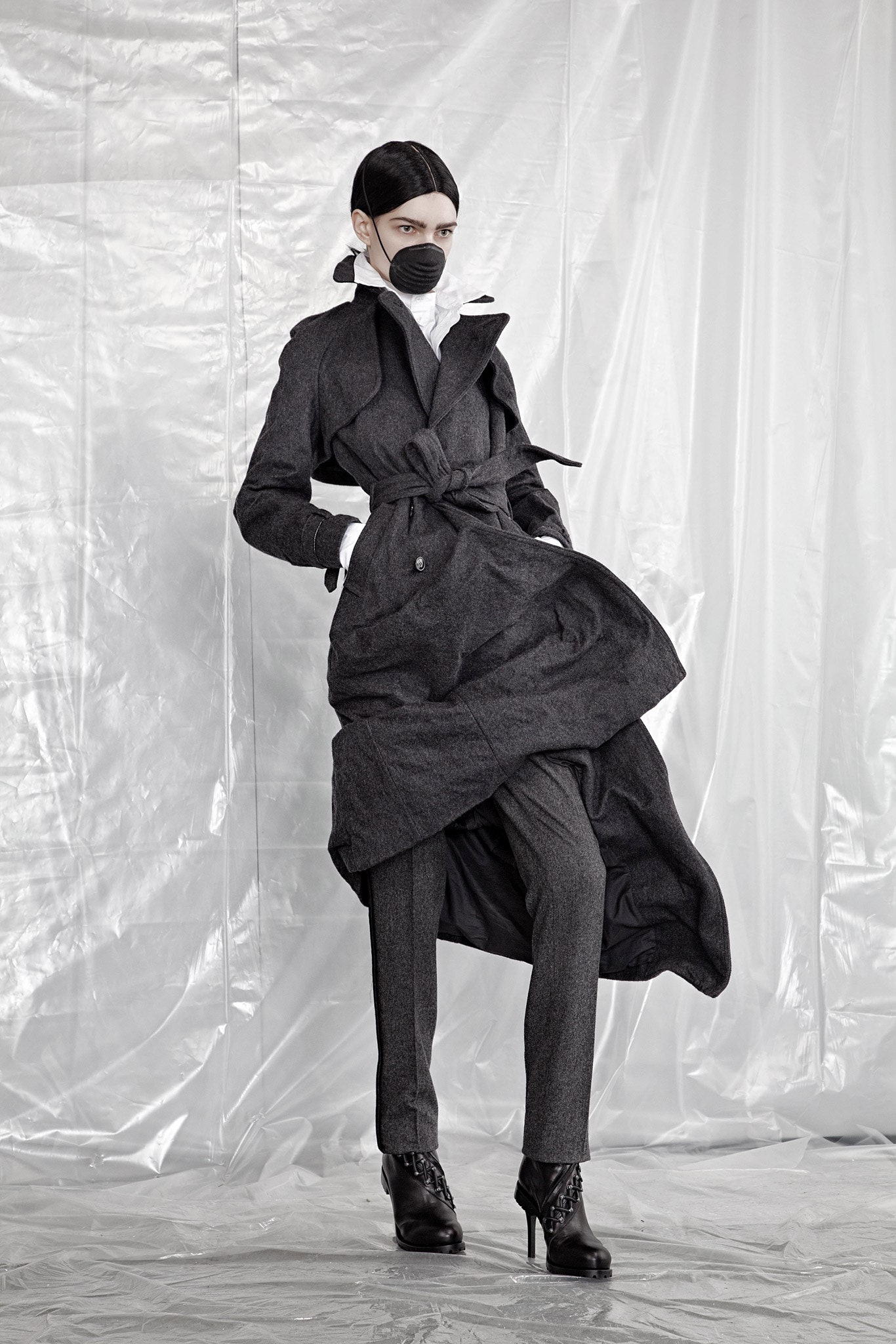 black wool long-sleeve collared fitted belted layered trench