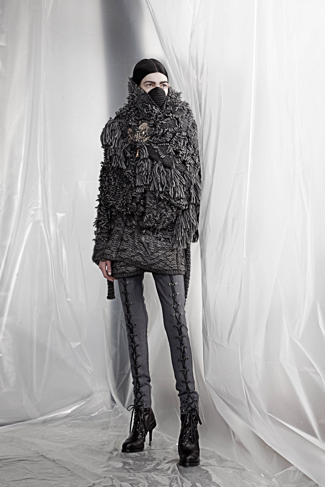 gray wool long-sleeve high-neck oversized fringed sweater