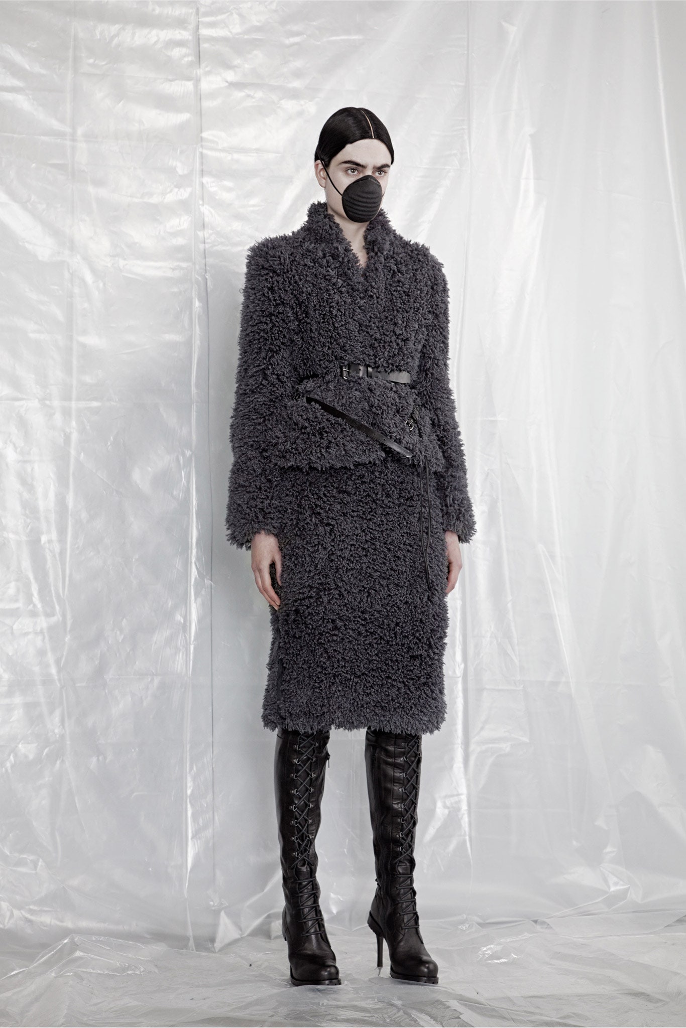 gray faux-fur long-sleeve collared fitted belted midi coat