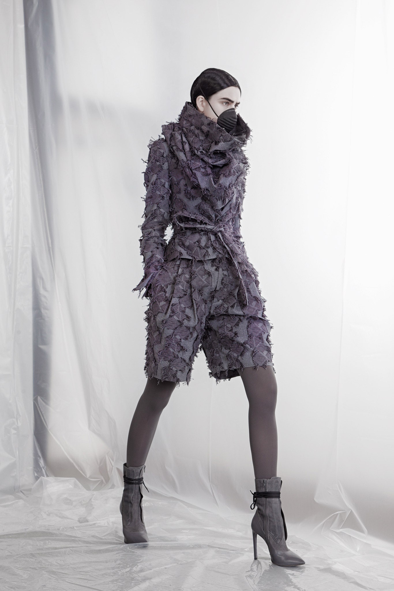 purple cotton long-sleeve collared fitted layered zippered jumpsuit