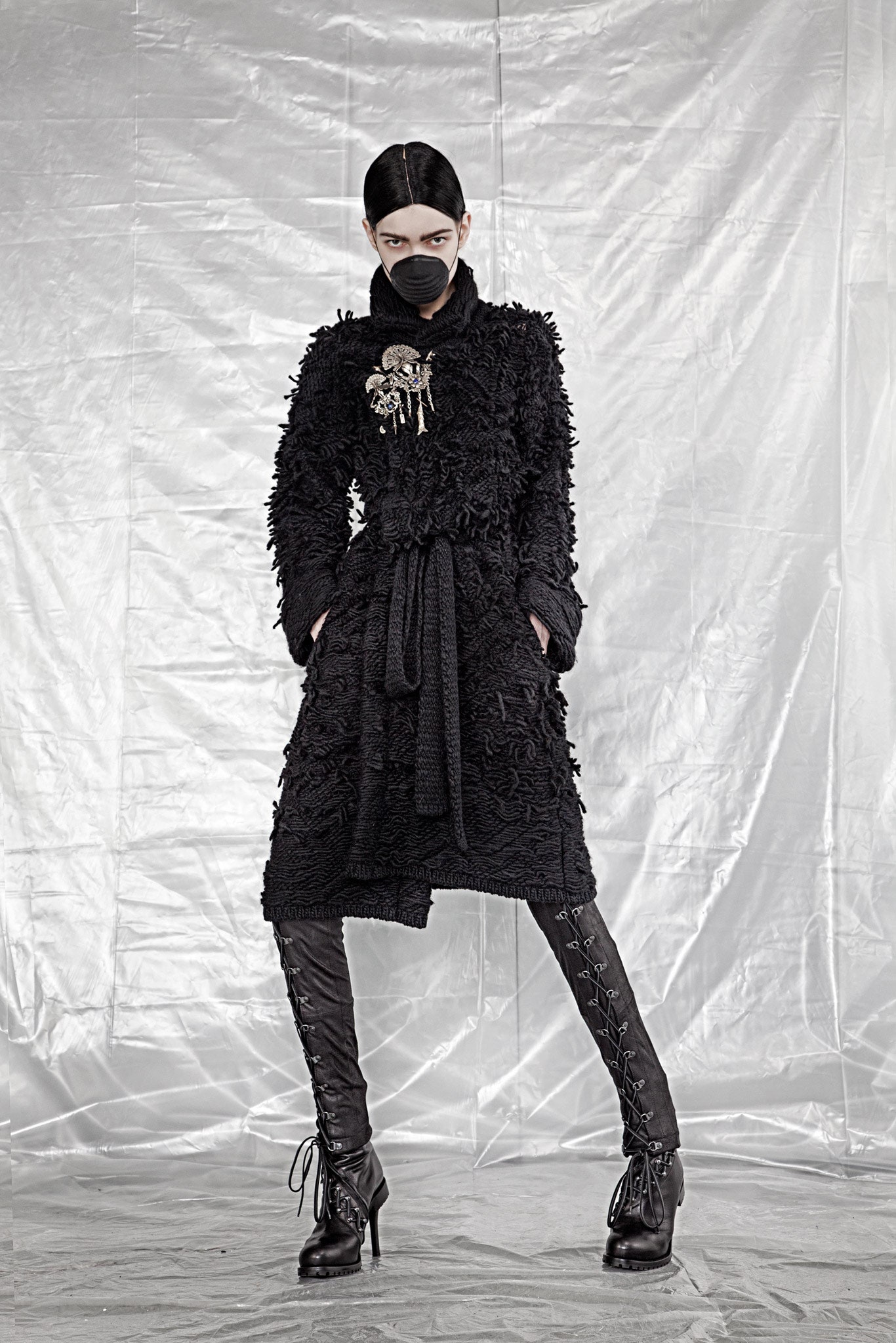 black wool long-sleeve collared fitted belted textured coat