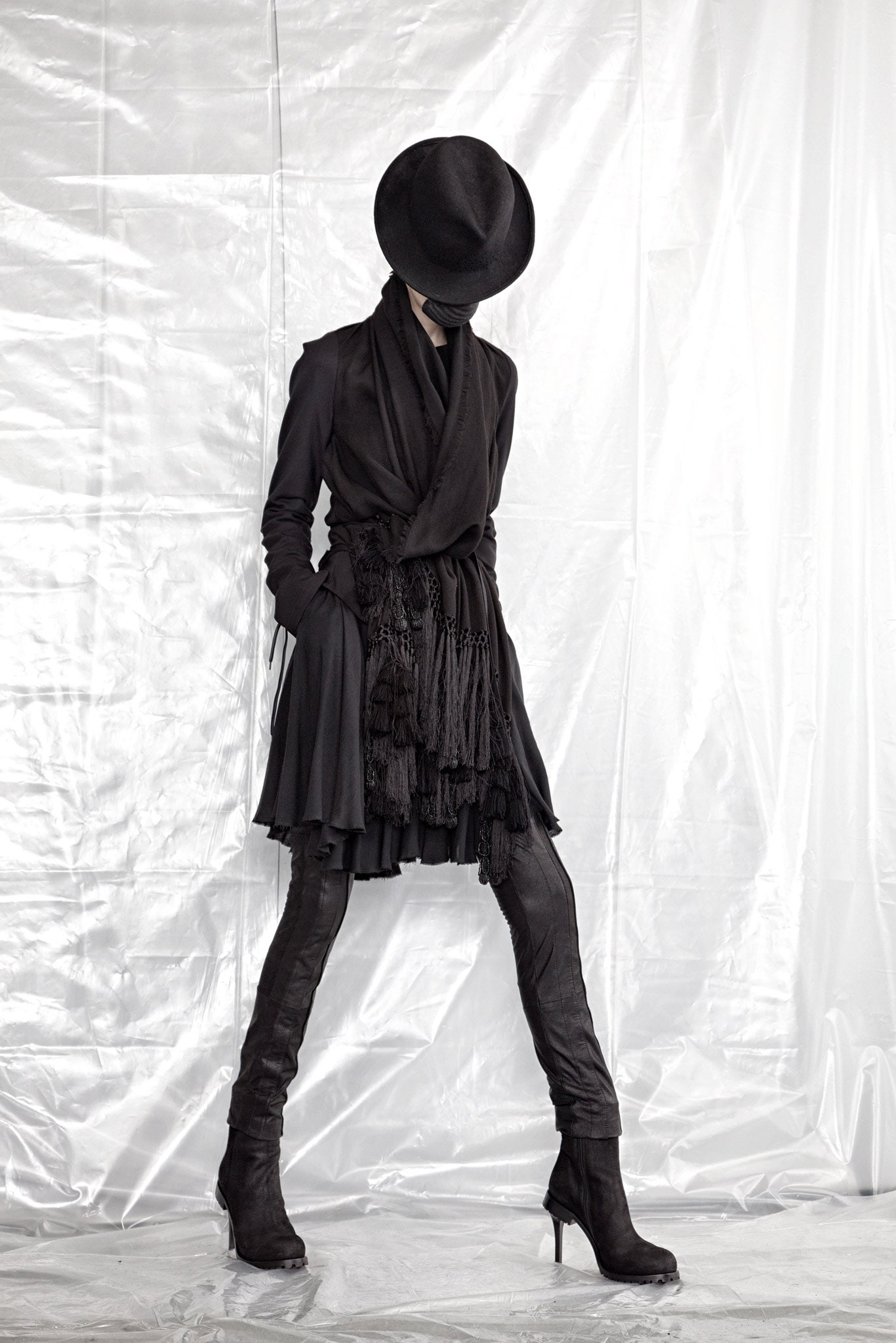 black silk relaxed fringed scarf