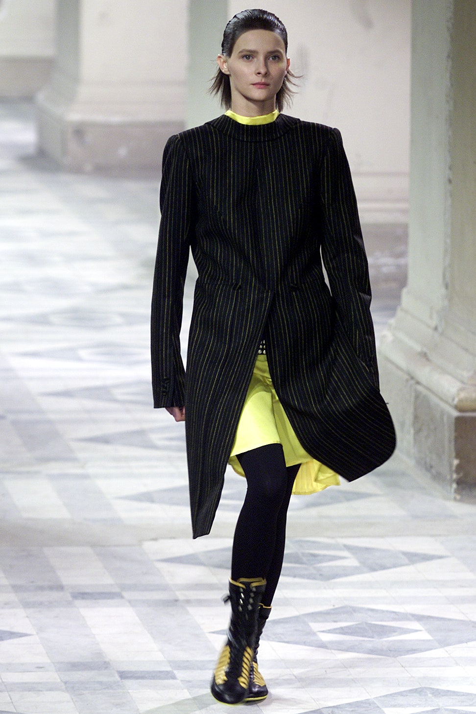 black striped coat with yellow dress