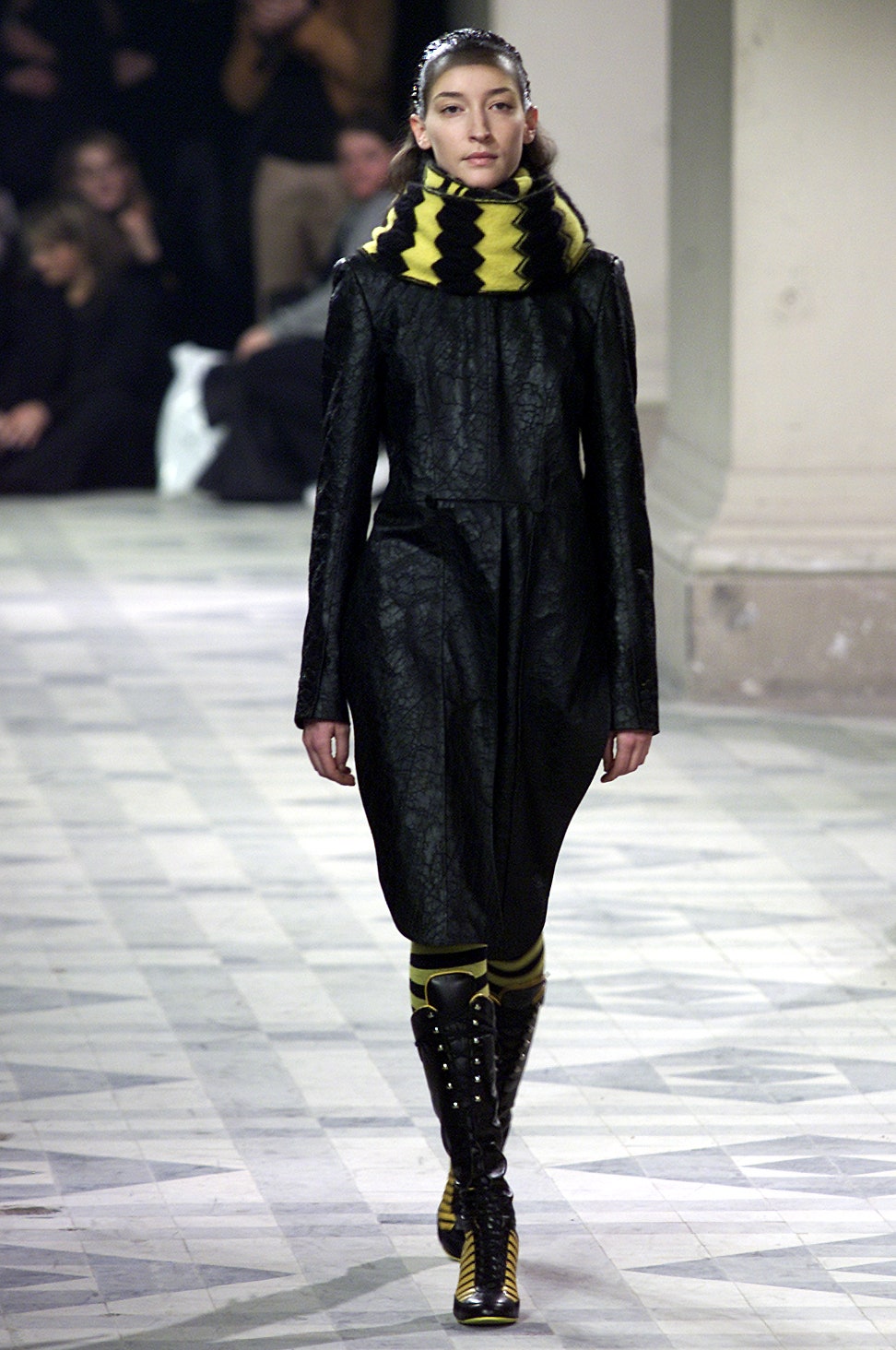 black leather midi dress with scarf