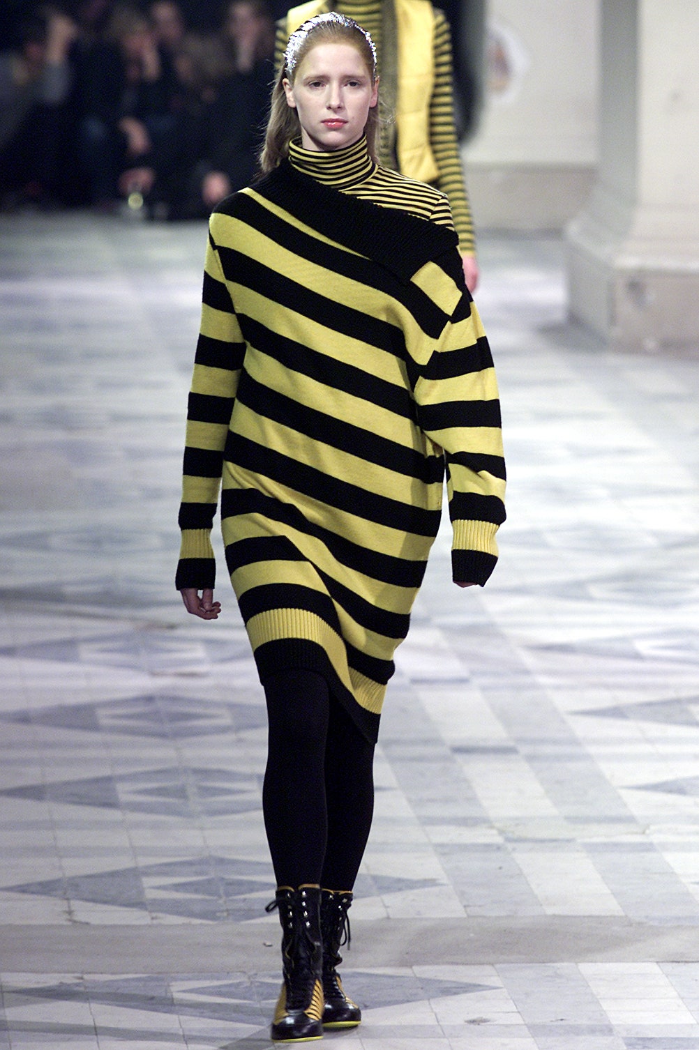 oversized striped dress with leggings and boots