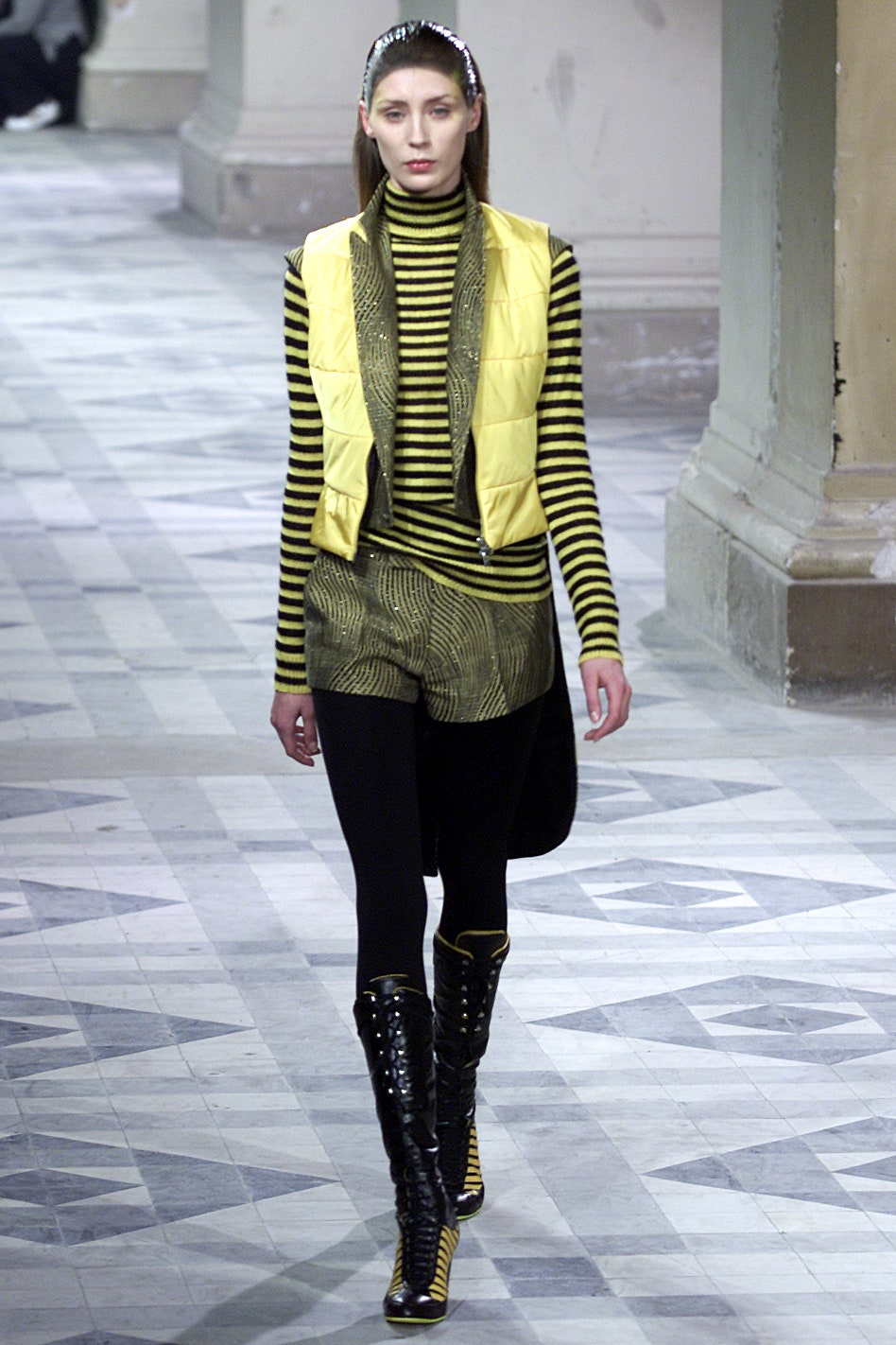 yellow vest with striped top