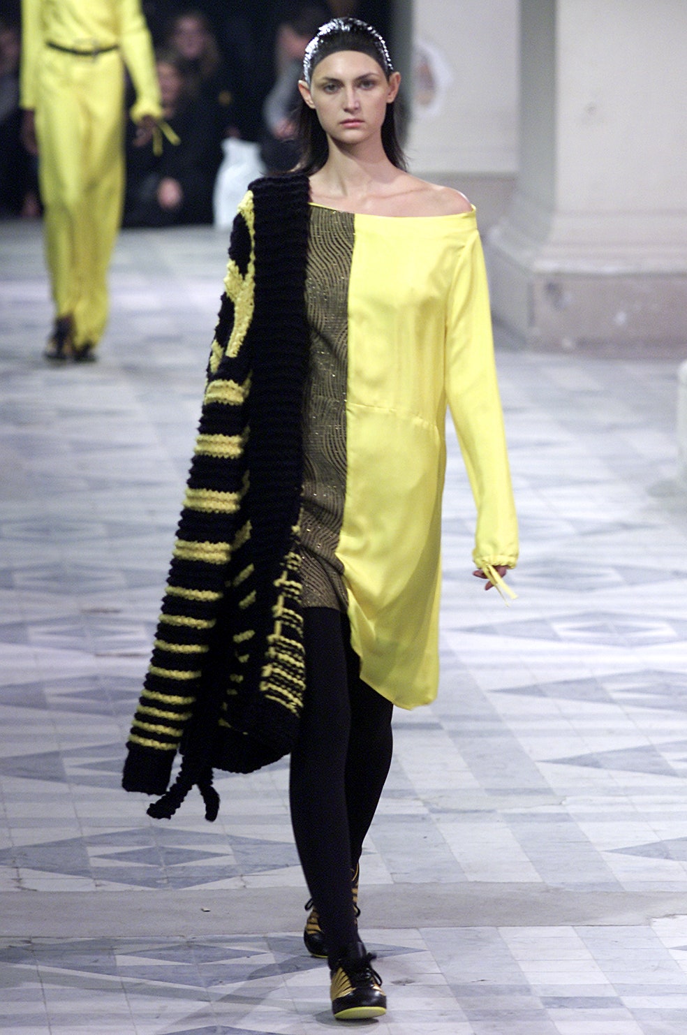 yellow asymmetric midi dress with oversized coat