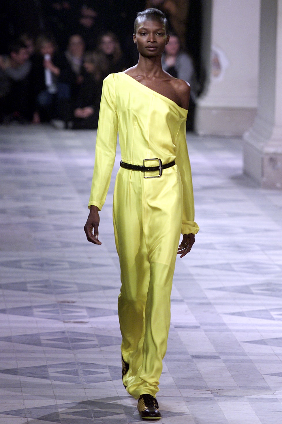 fitted yellow silk off-shoulder dress