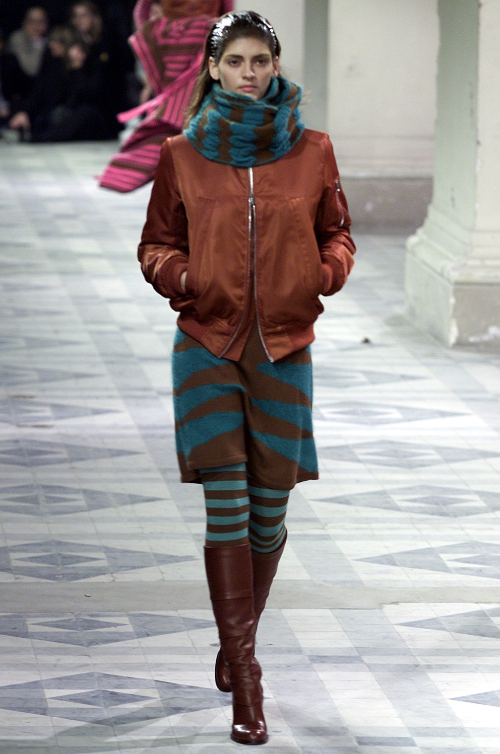 orange silk fitted jacket with teal top