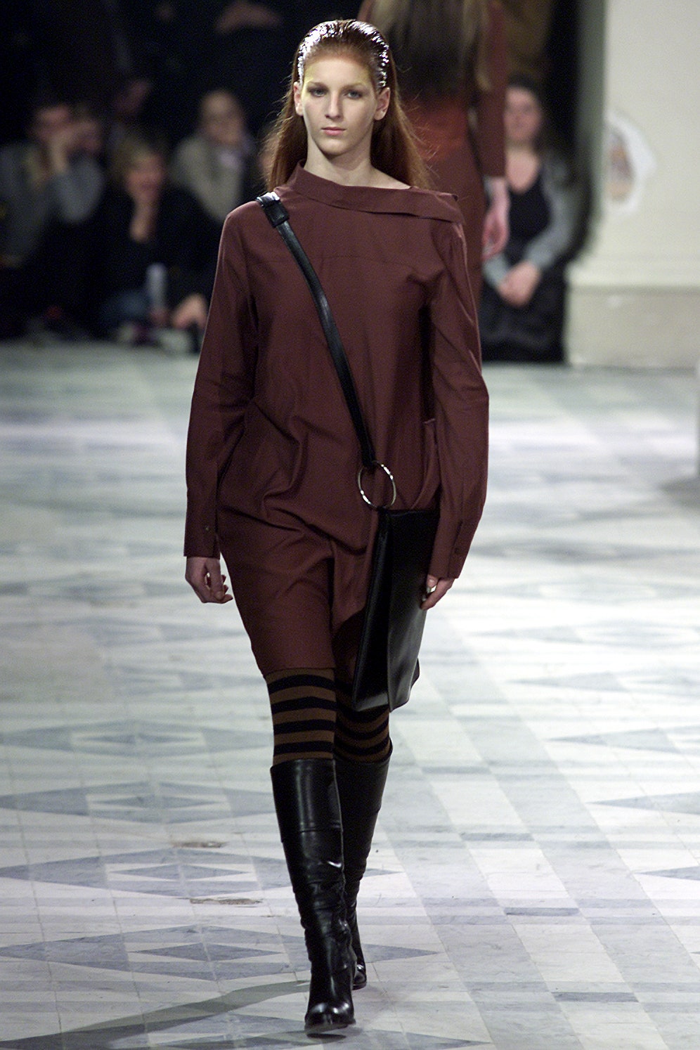 brown relaxed dress with black boots