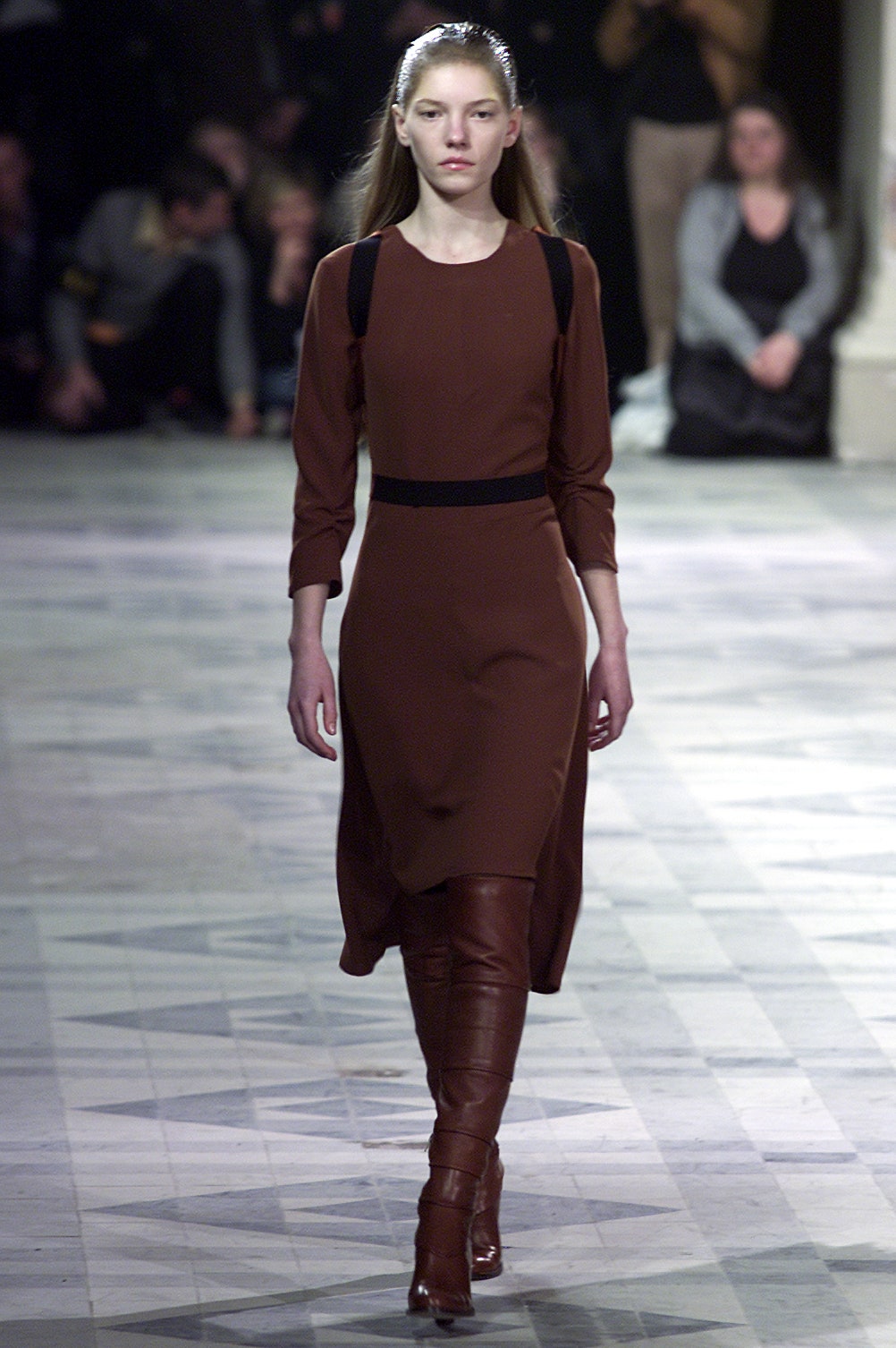 brown fitted midi dress with boots