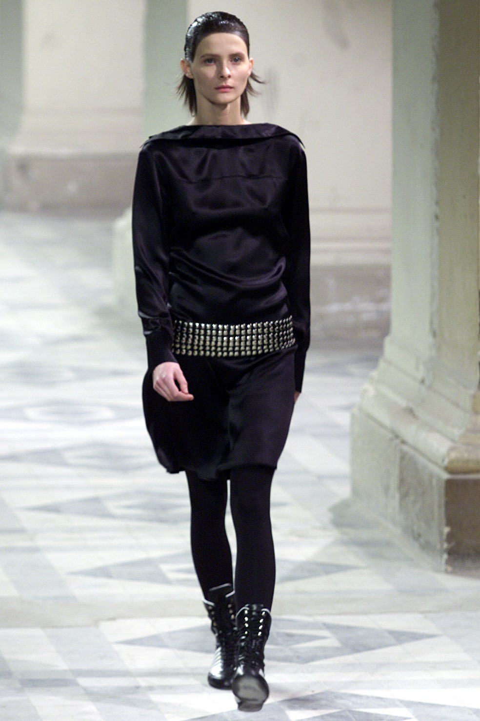 black silk mini dress with leggings