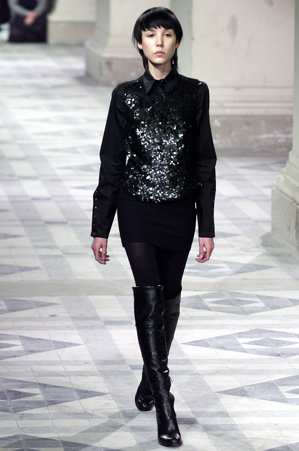 black sequined top with pencil skirt