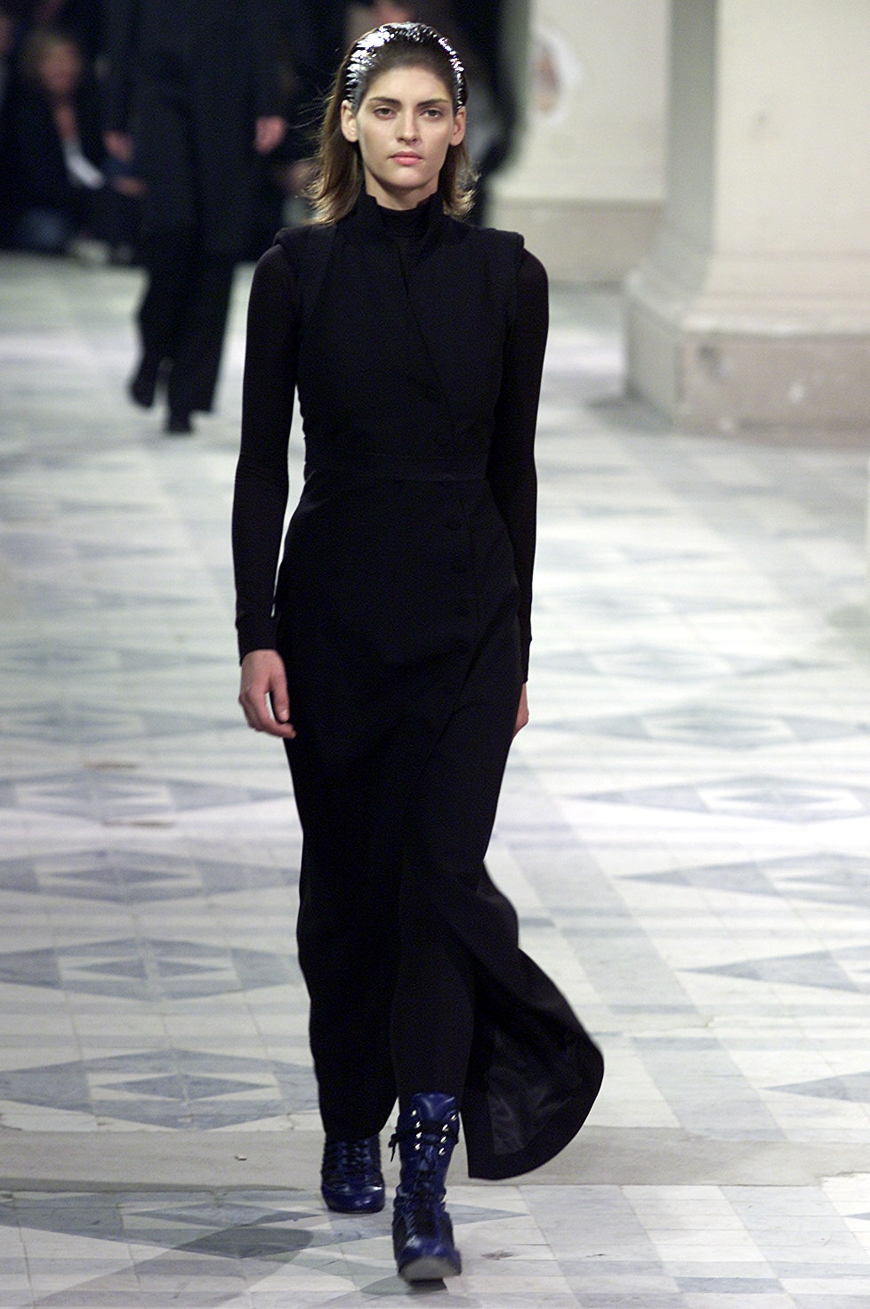 black fitted maxi dress with blue boots