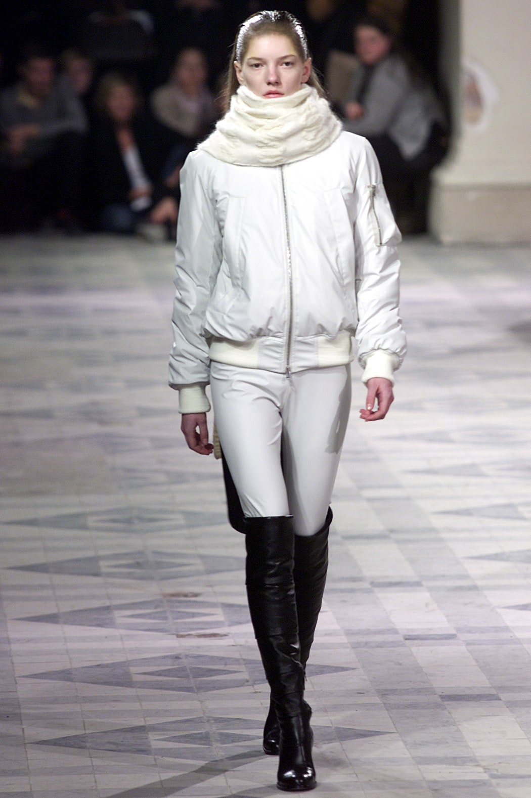 white vinyl jacket with fitted pants