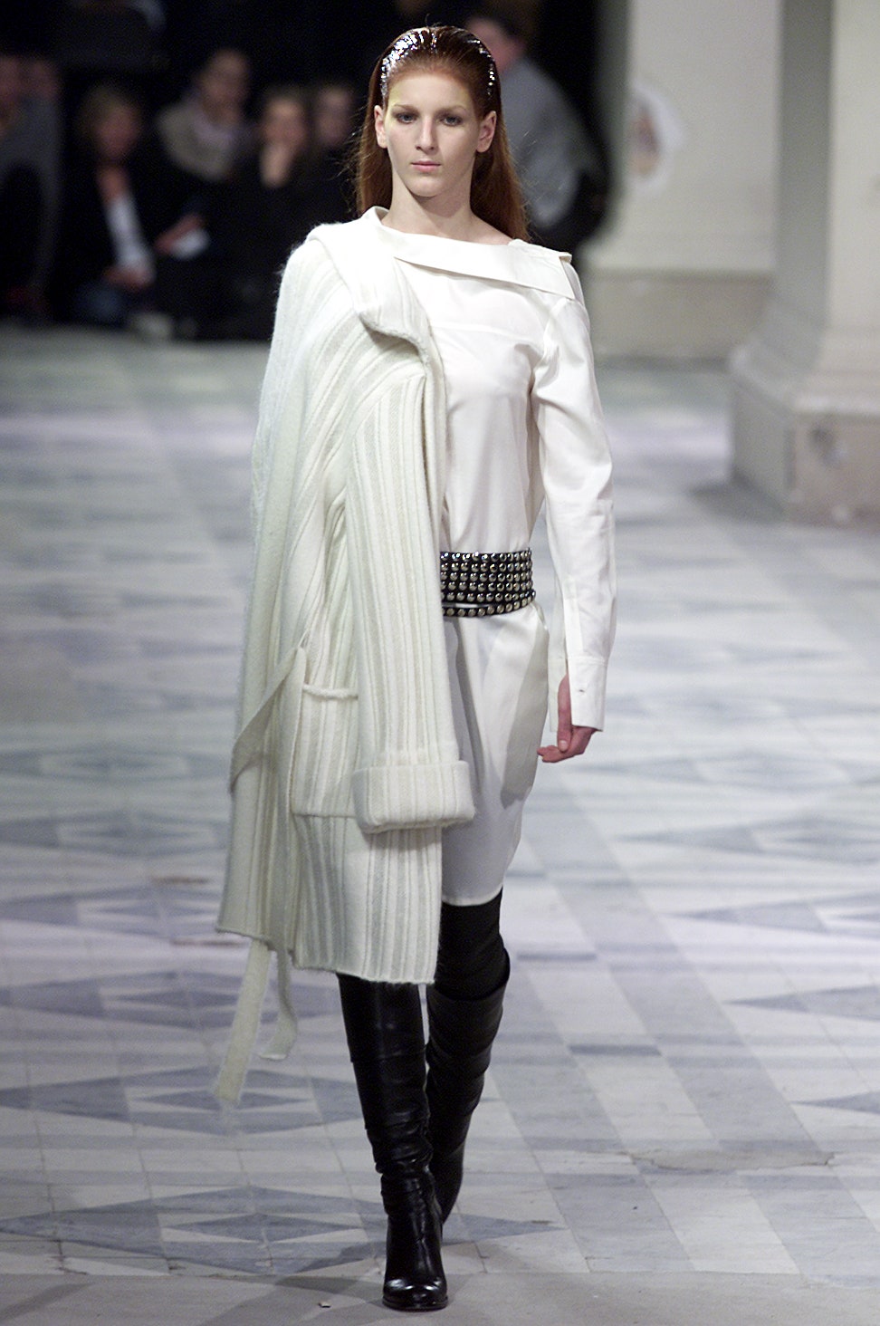 white fitted dress with oversized coat