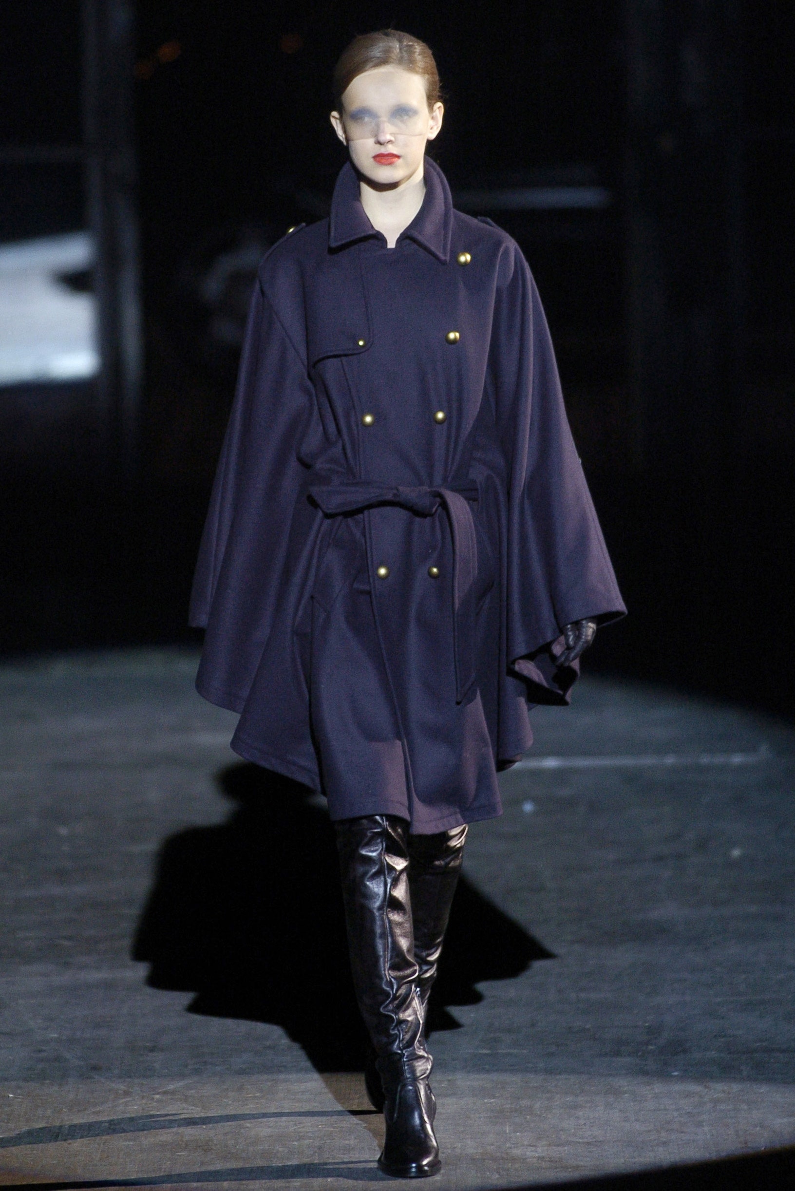black wool long-sleeve collared relaxed belted buttoned cape