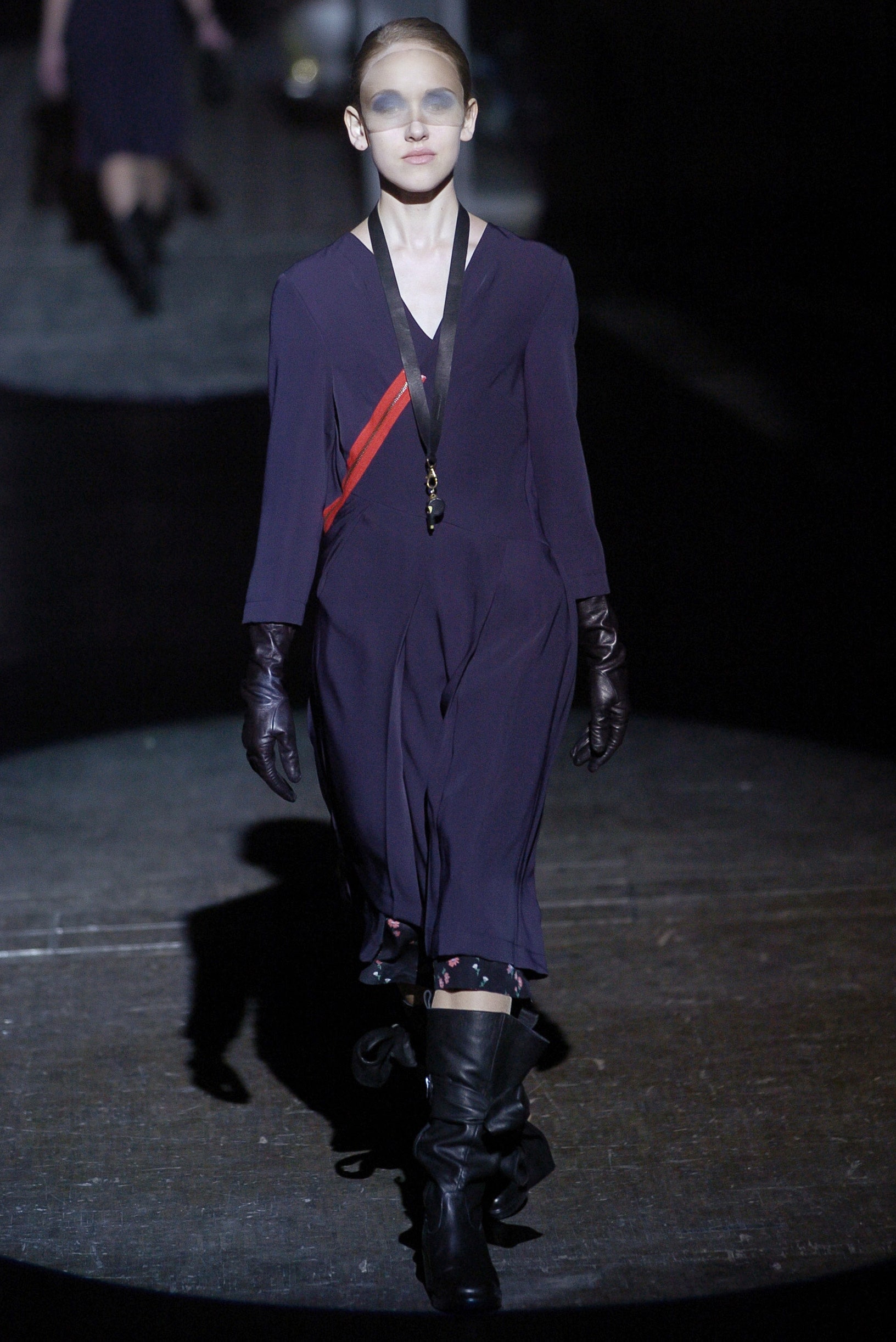 purple silk fitted dress with gloves and boots