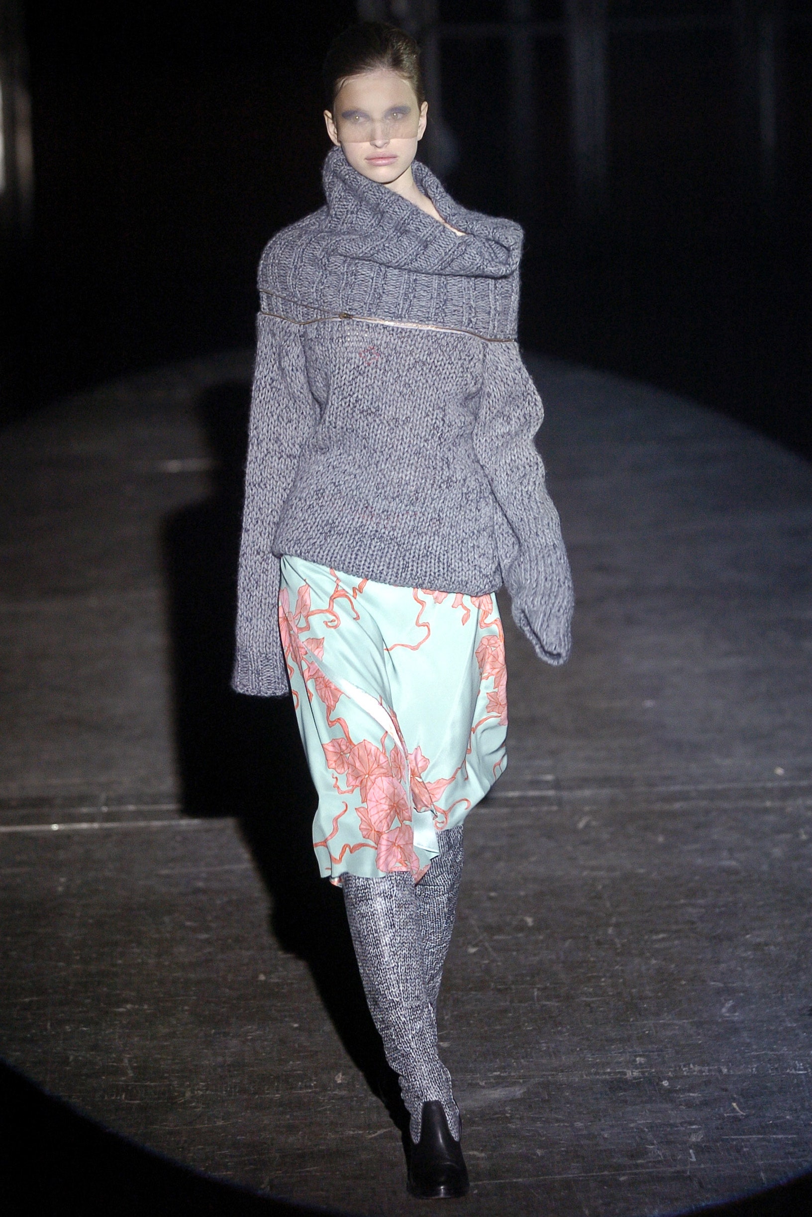 gray oversized sweater with blue skirt