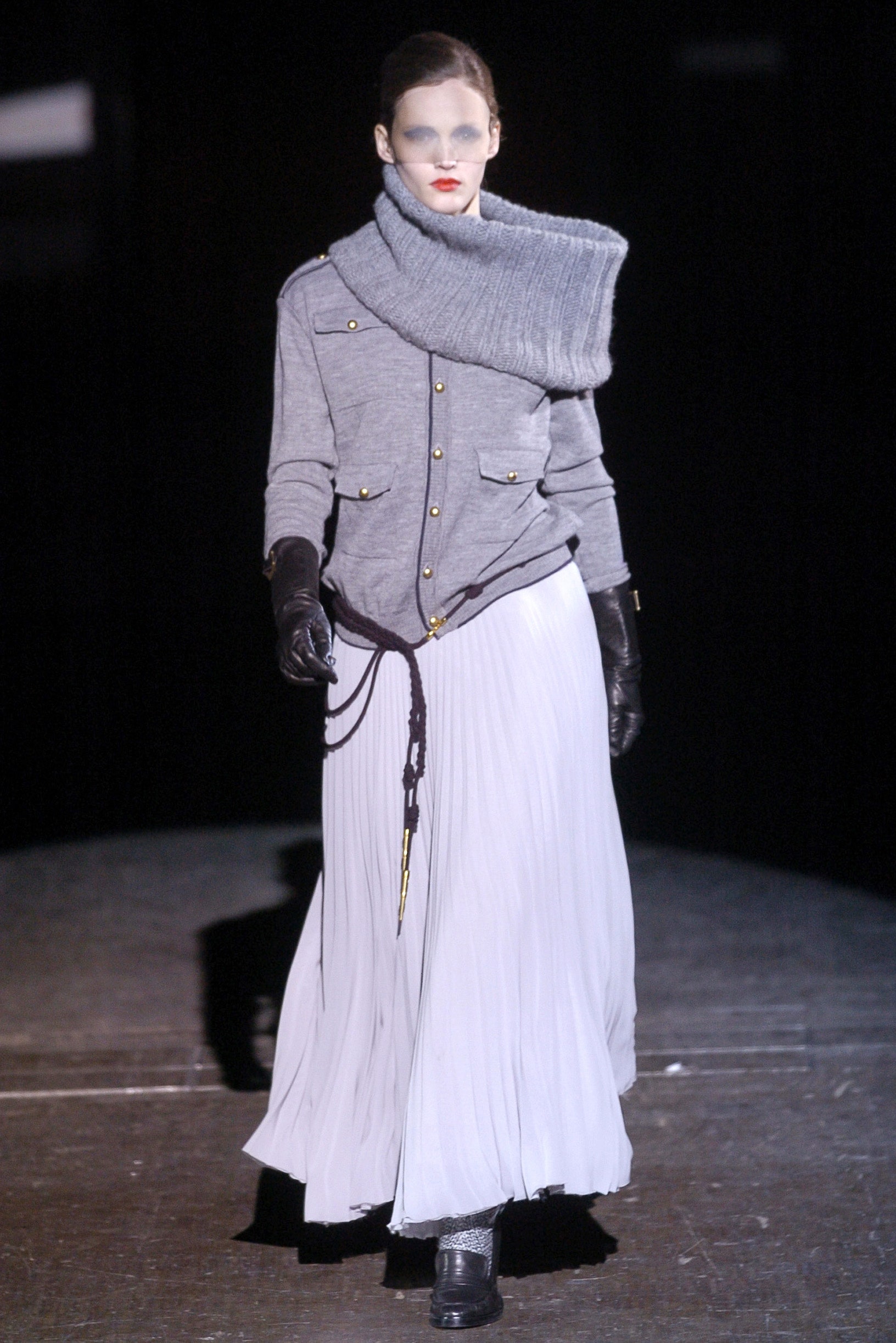 gray wool top with pleated skirt