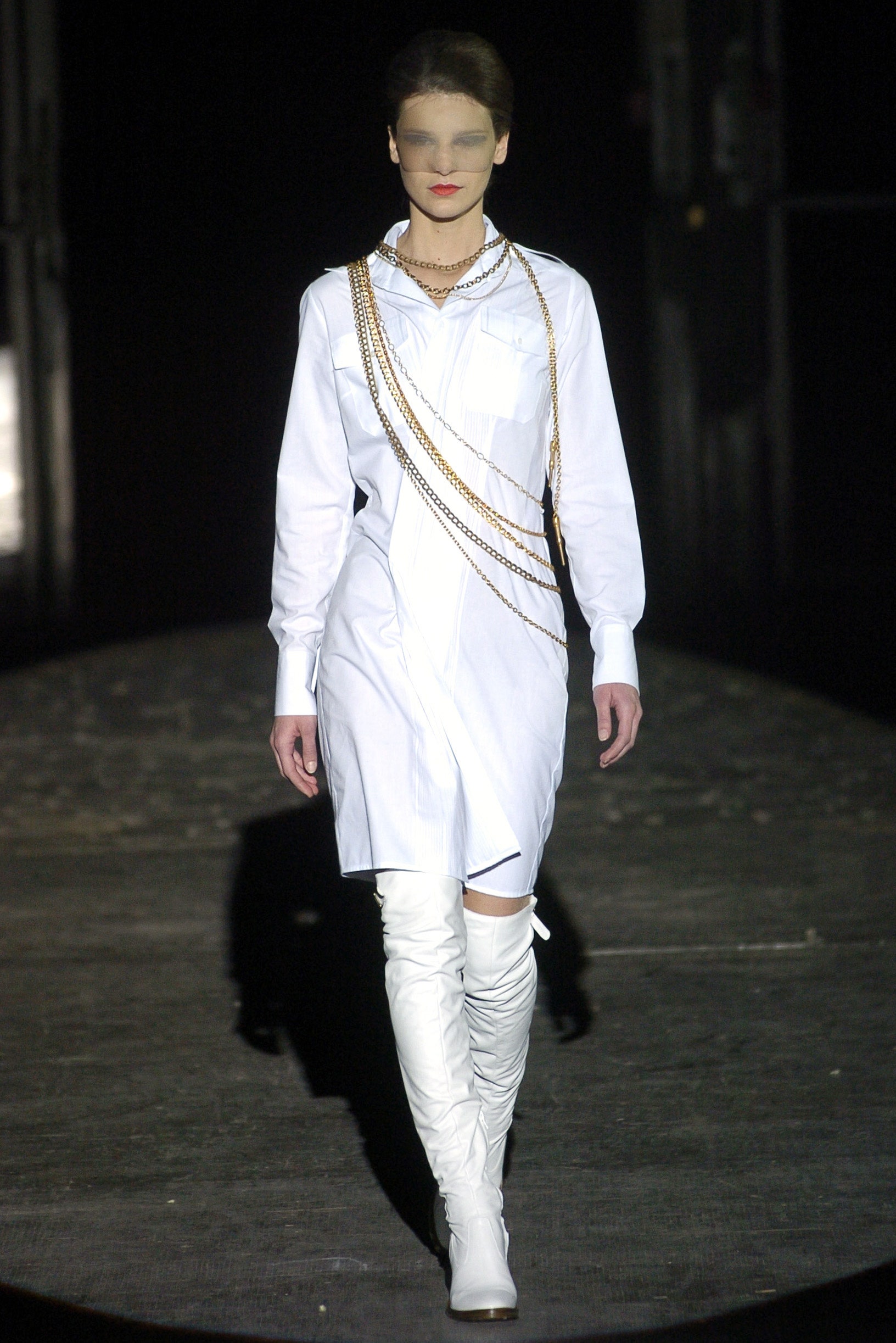 white cotton shirt-dress with knee-high boots