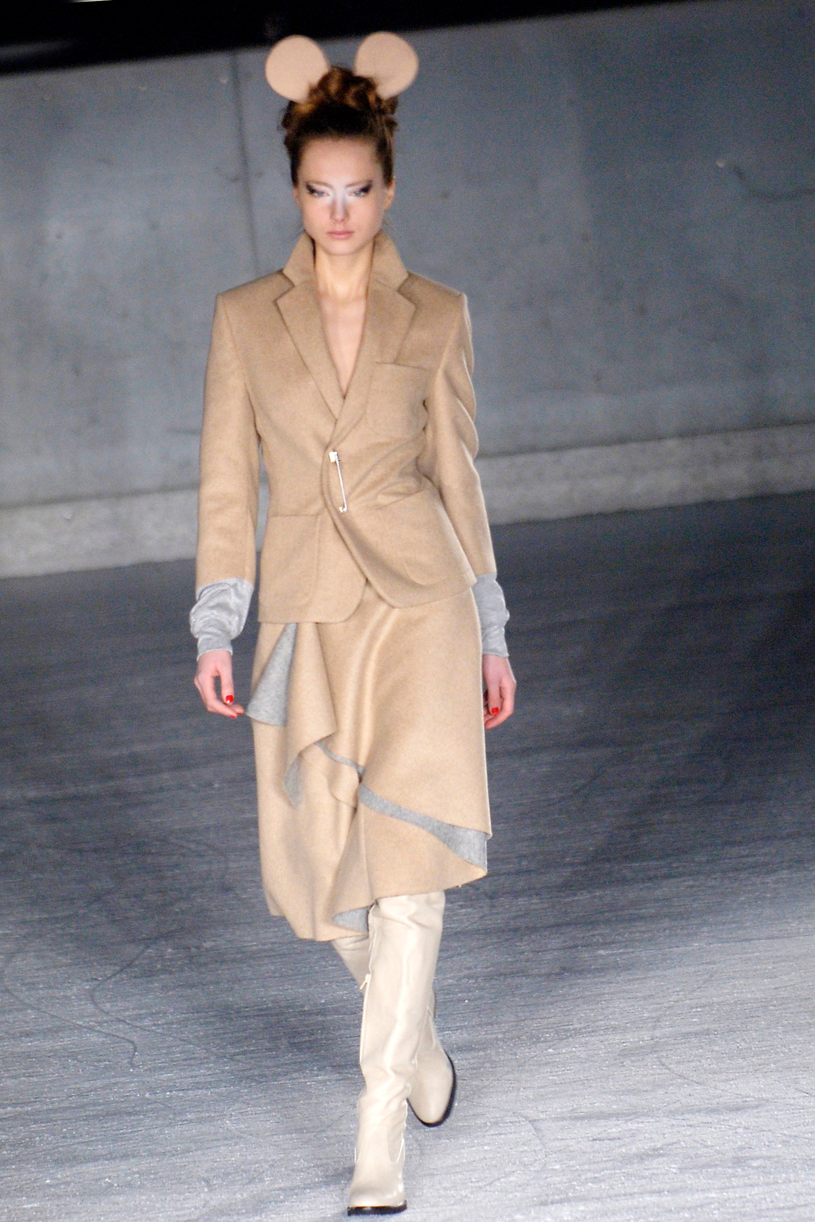 beige tailored blazer with asymmetric skirt