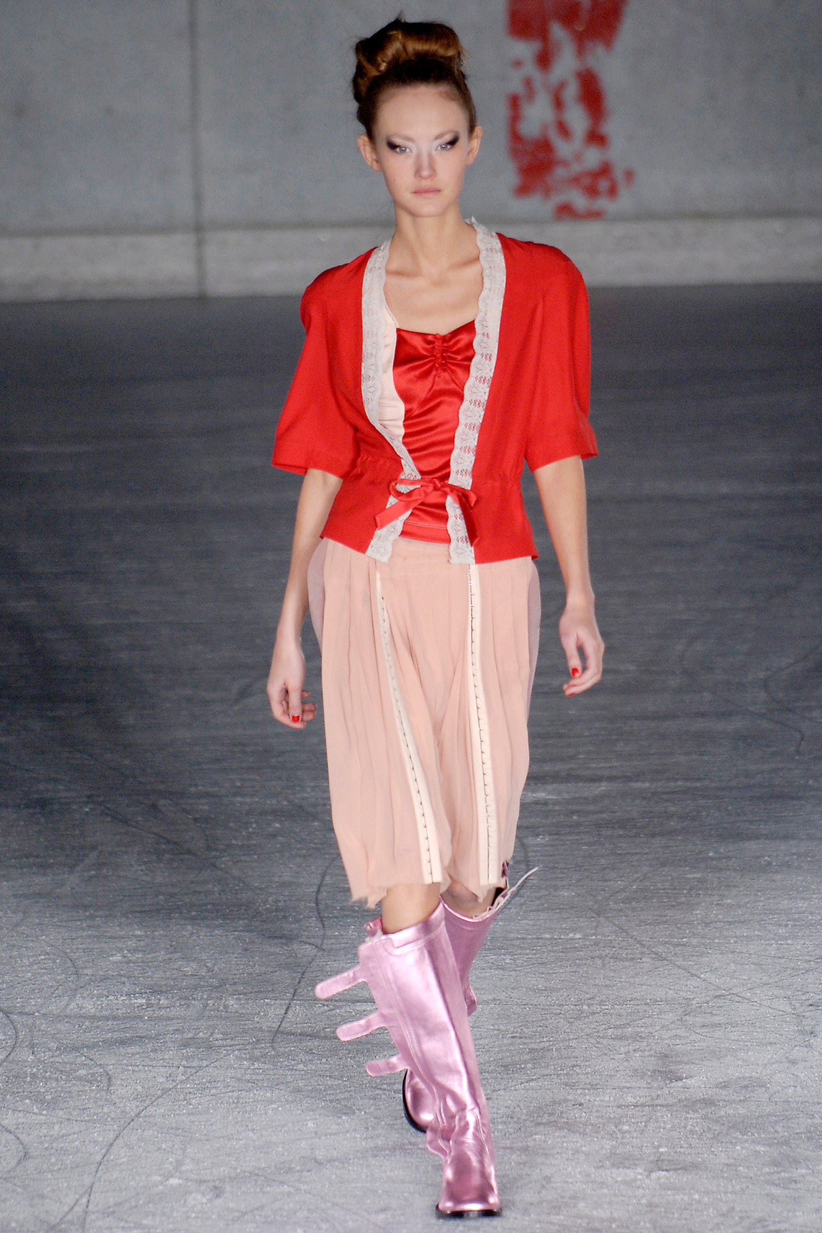 red silk blouse pink skirt