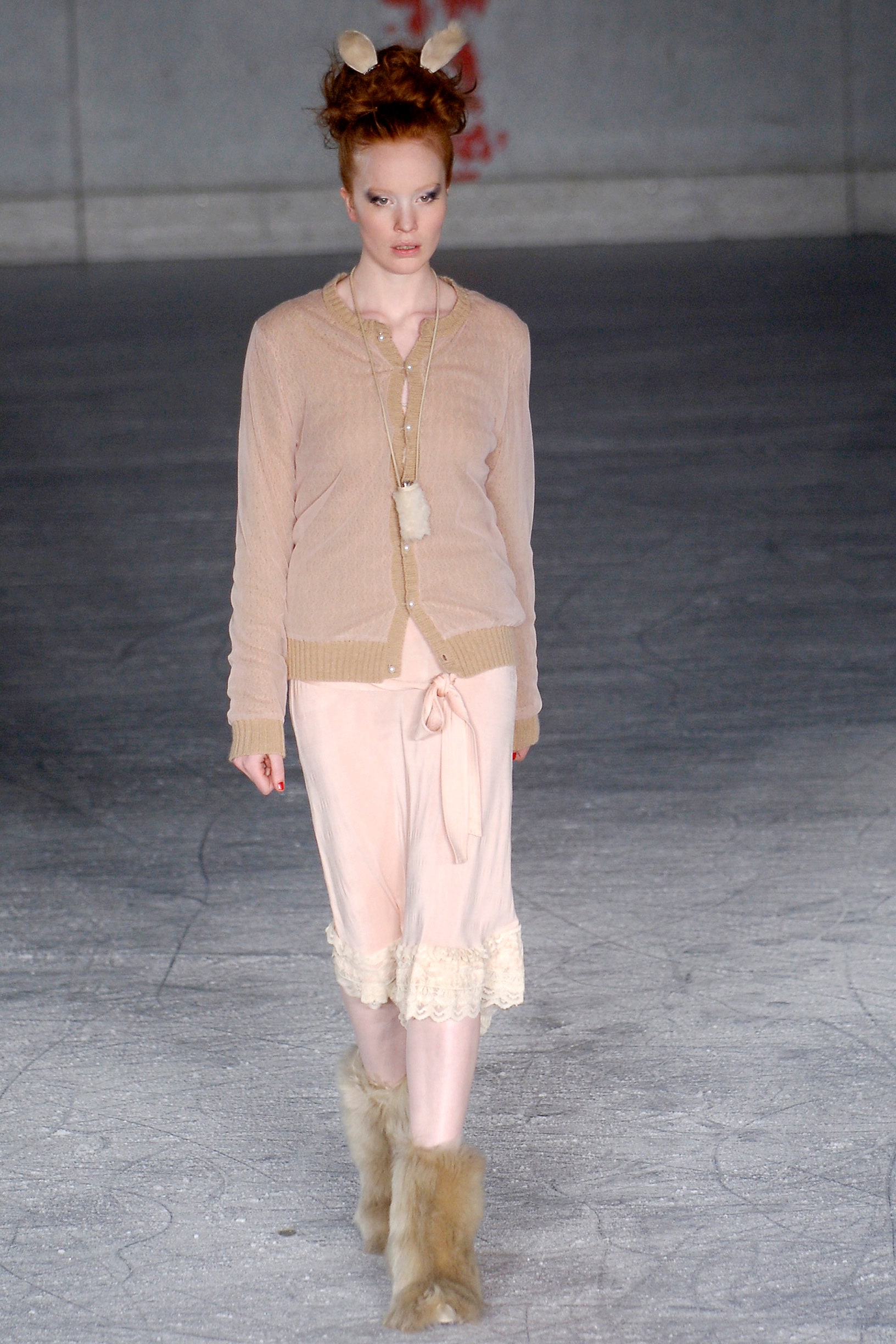 beige cardigan pink tiered skirt