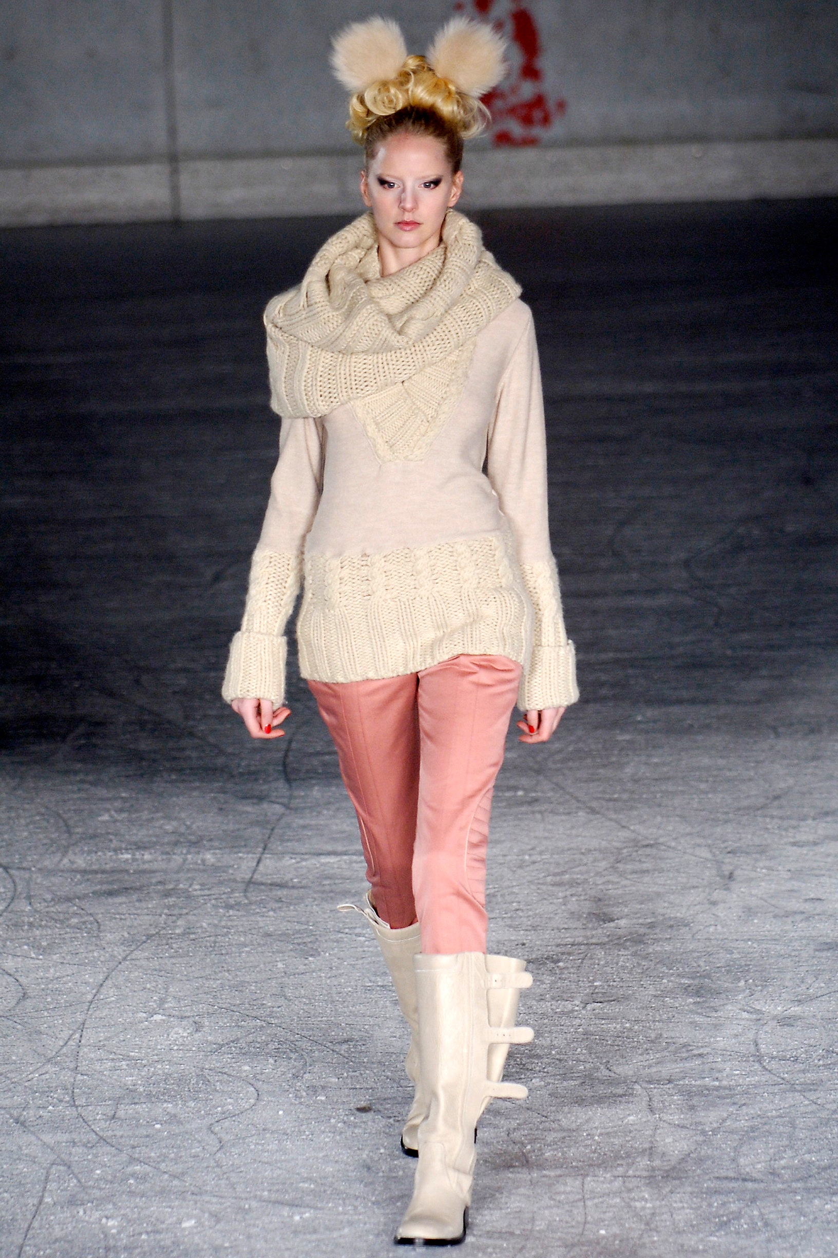 beige knit sweater with pink pants