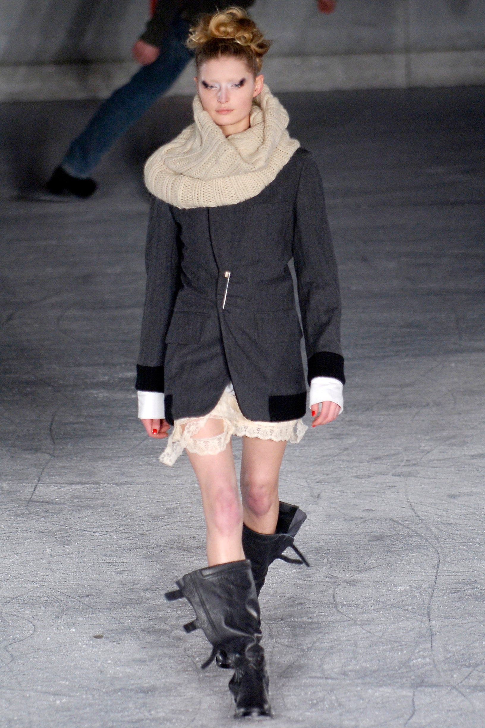 gray wool fitted jacket with lace dress