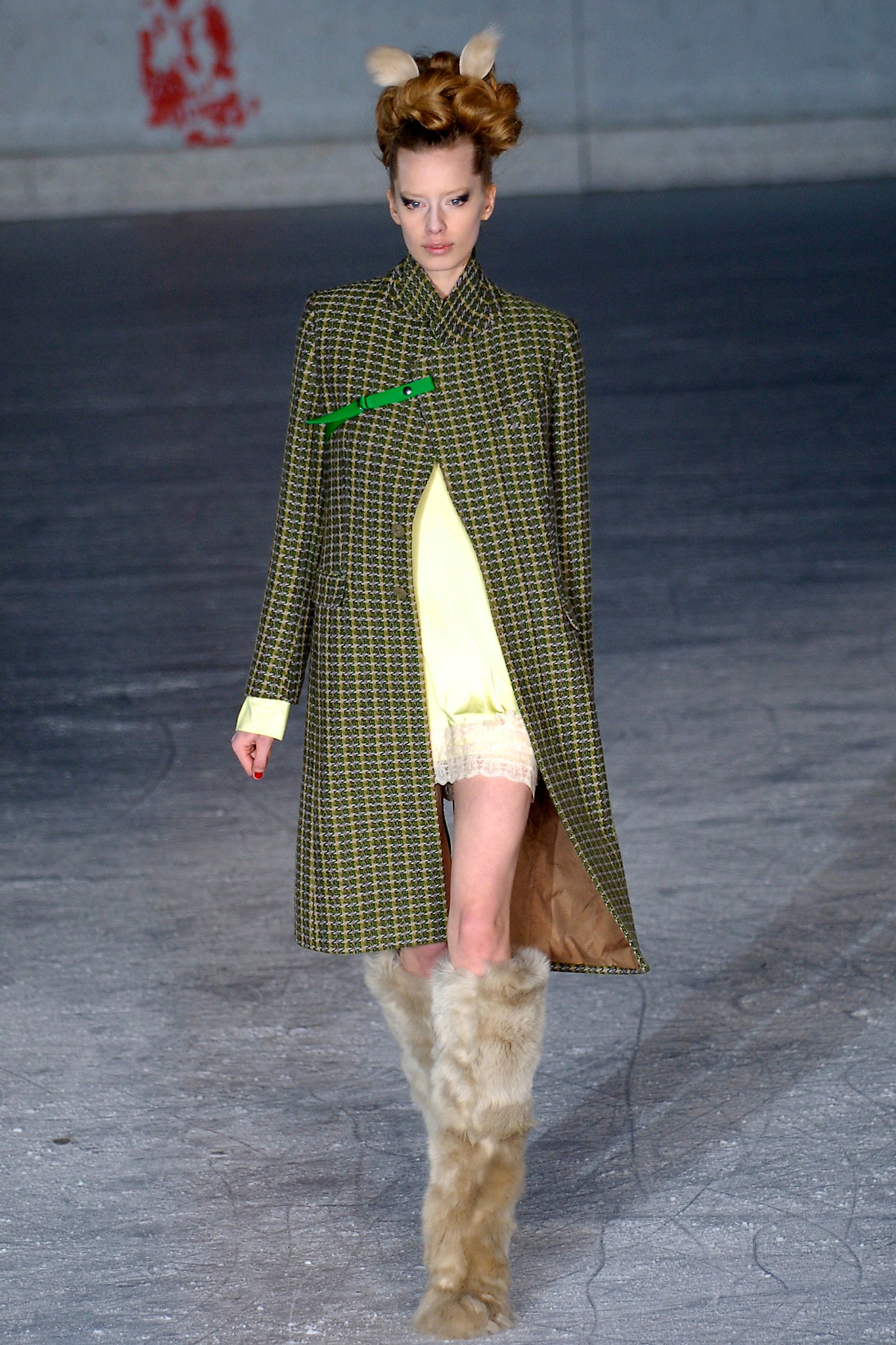 green checked coat with yellow dress