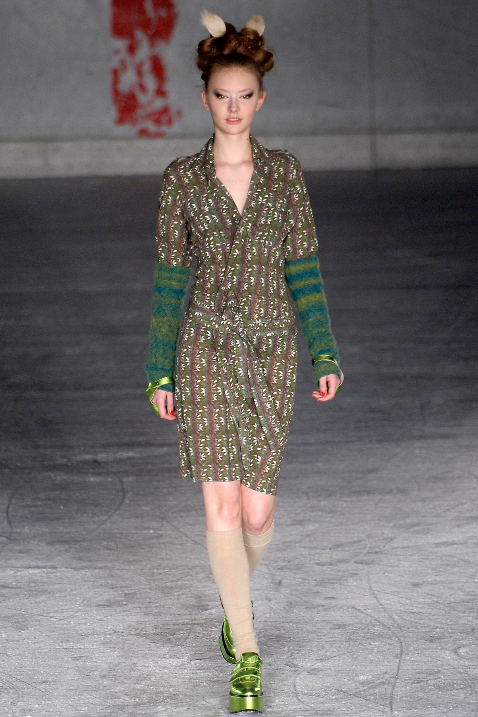 green printed belted midi dress