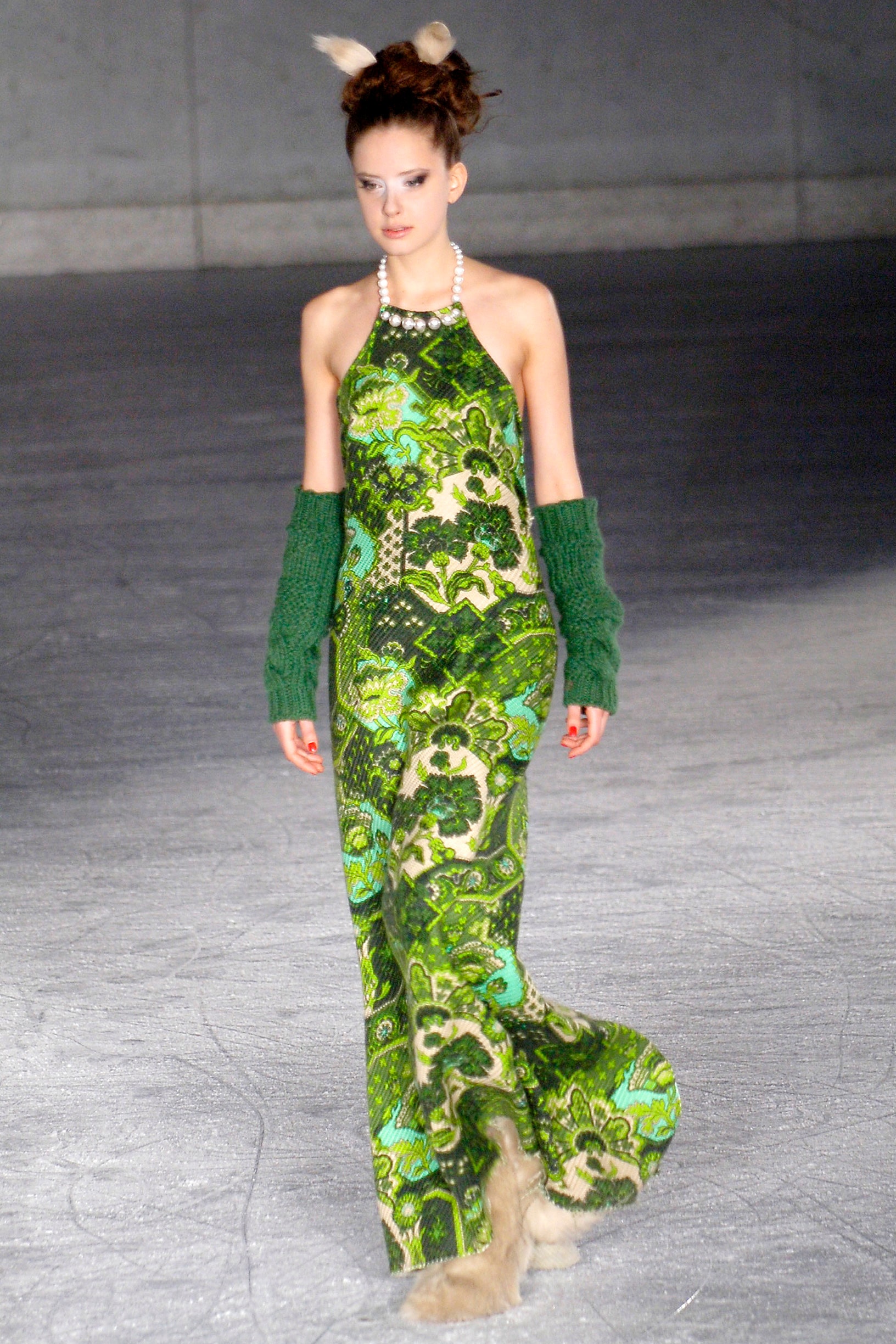 green printed maxi gown with sweater