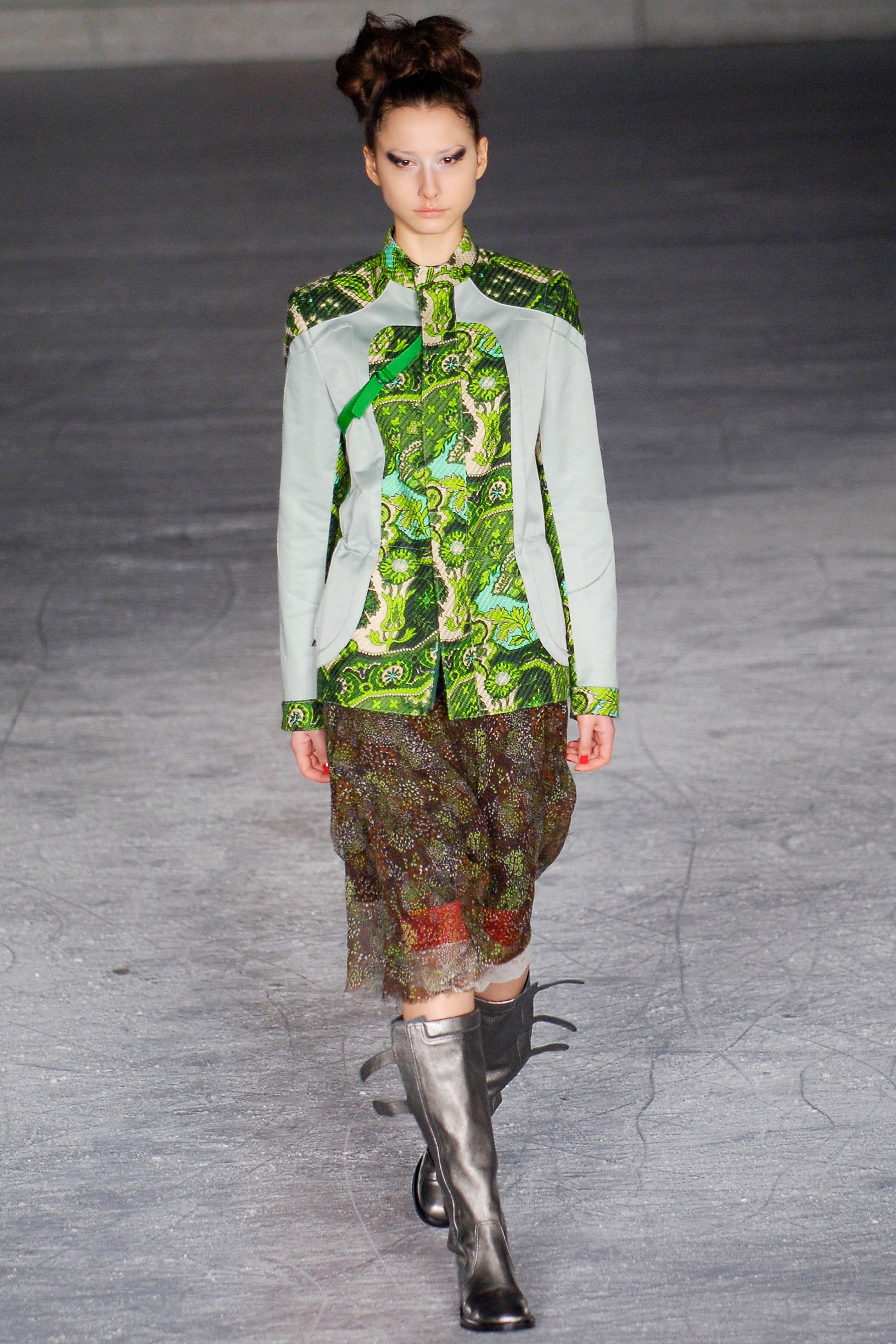 green printed fitted jacket with lace skirt