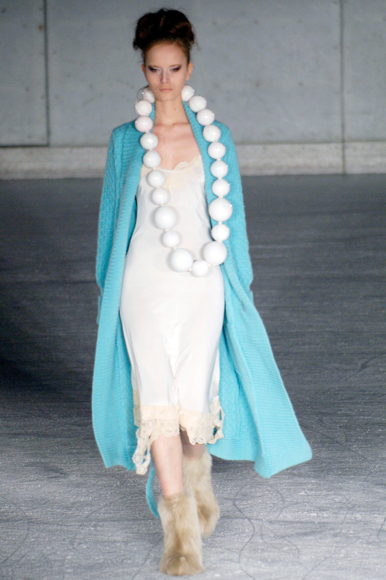 blue wool coat white silk dress