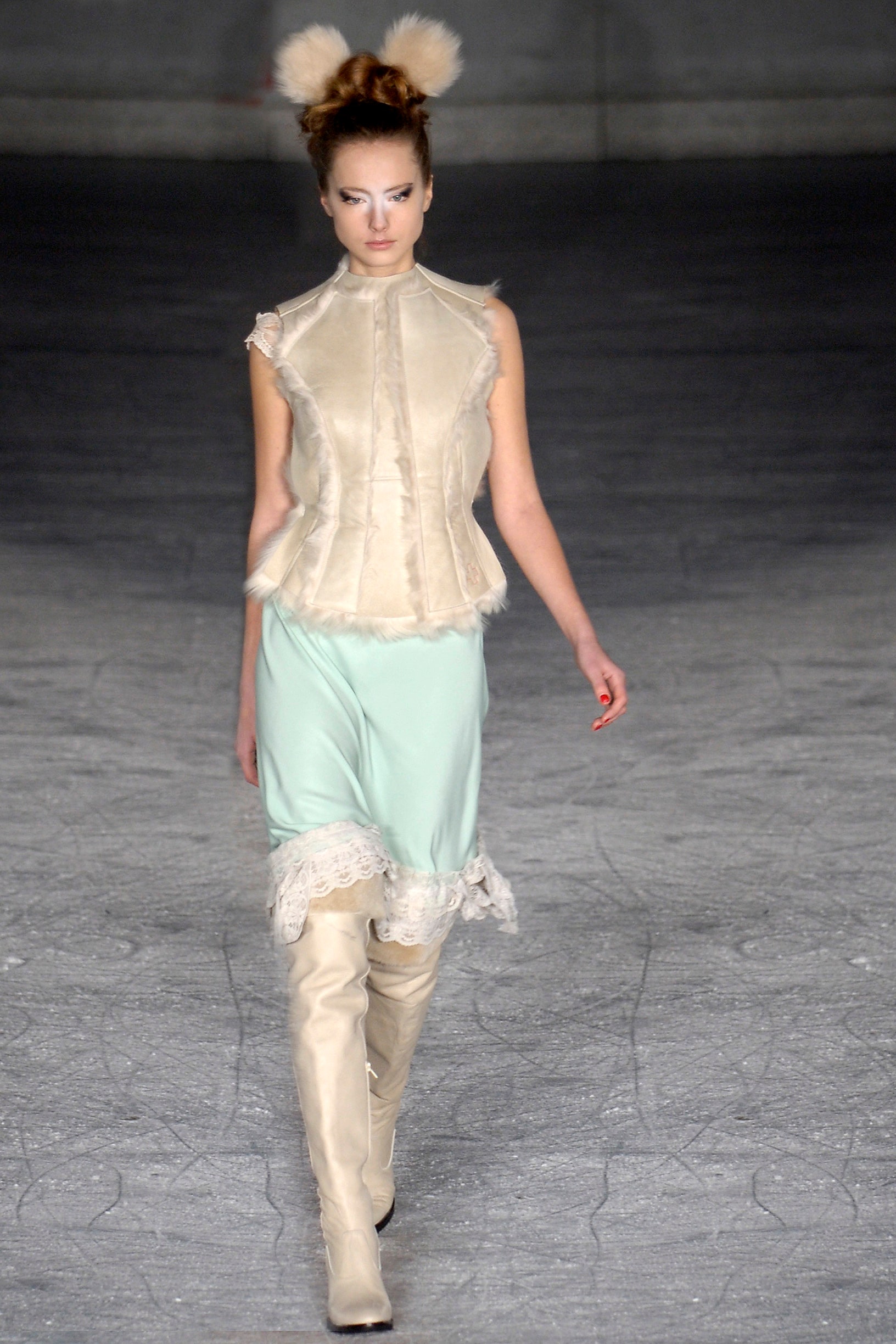 beige fur vest mint skirt