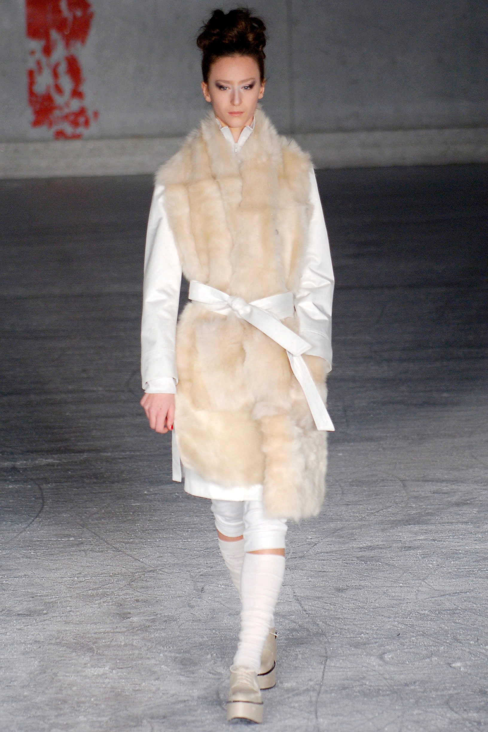 white beige belted fur coat
