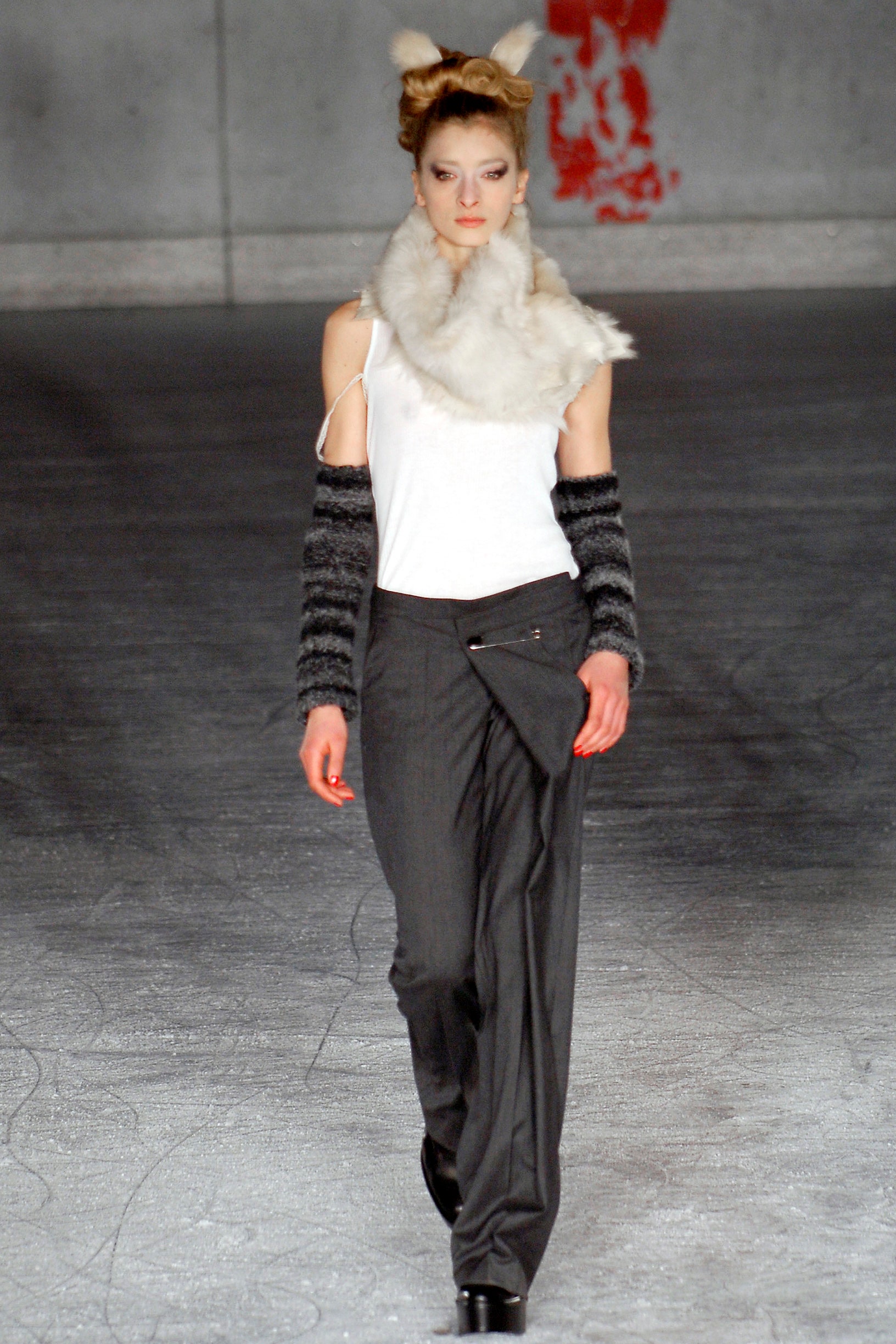 white fitted top with gray pants