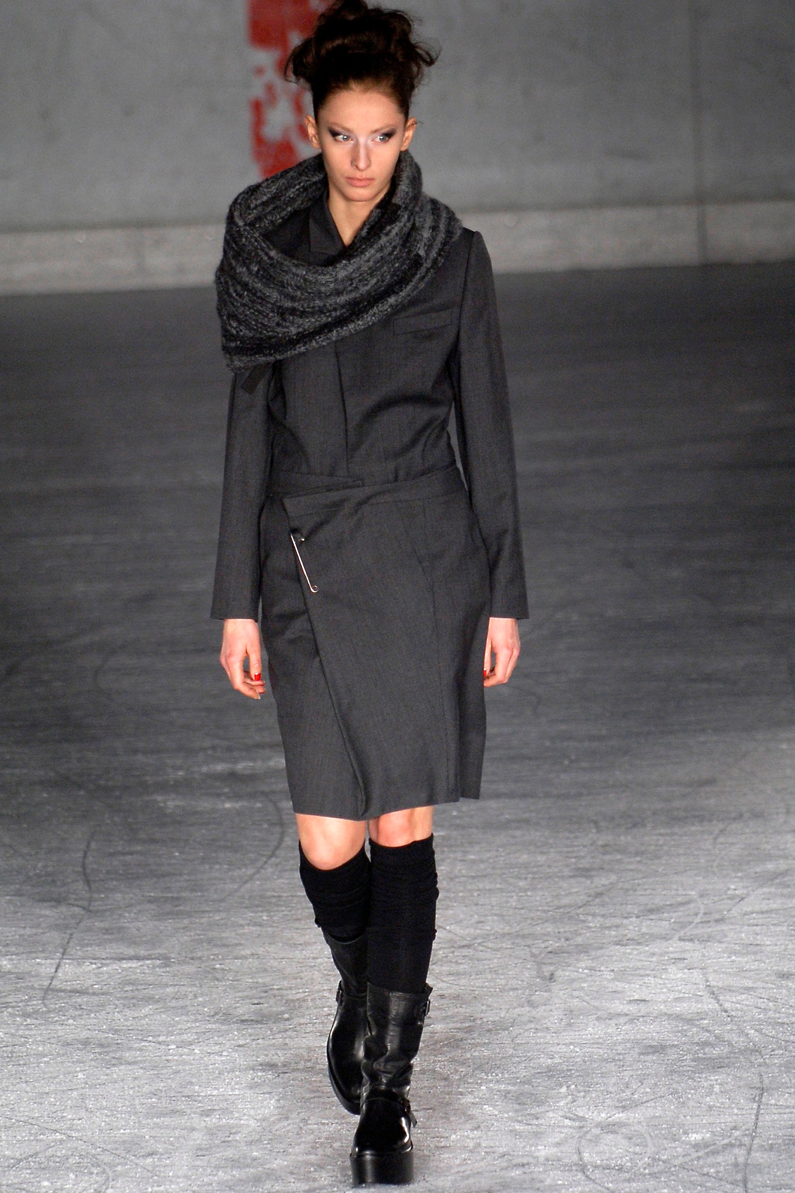 gray fitted midi dress with scarf