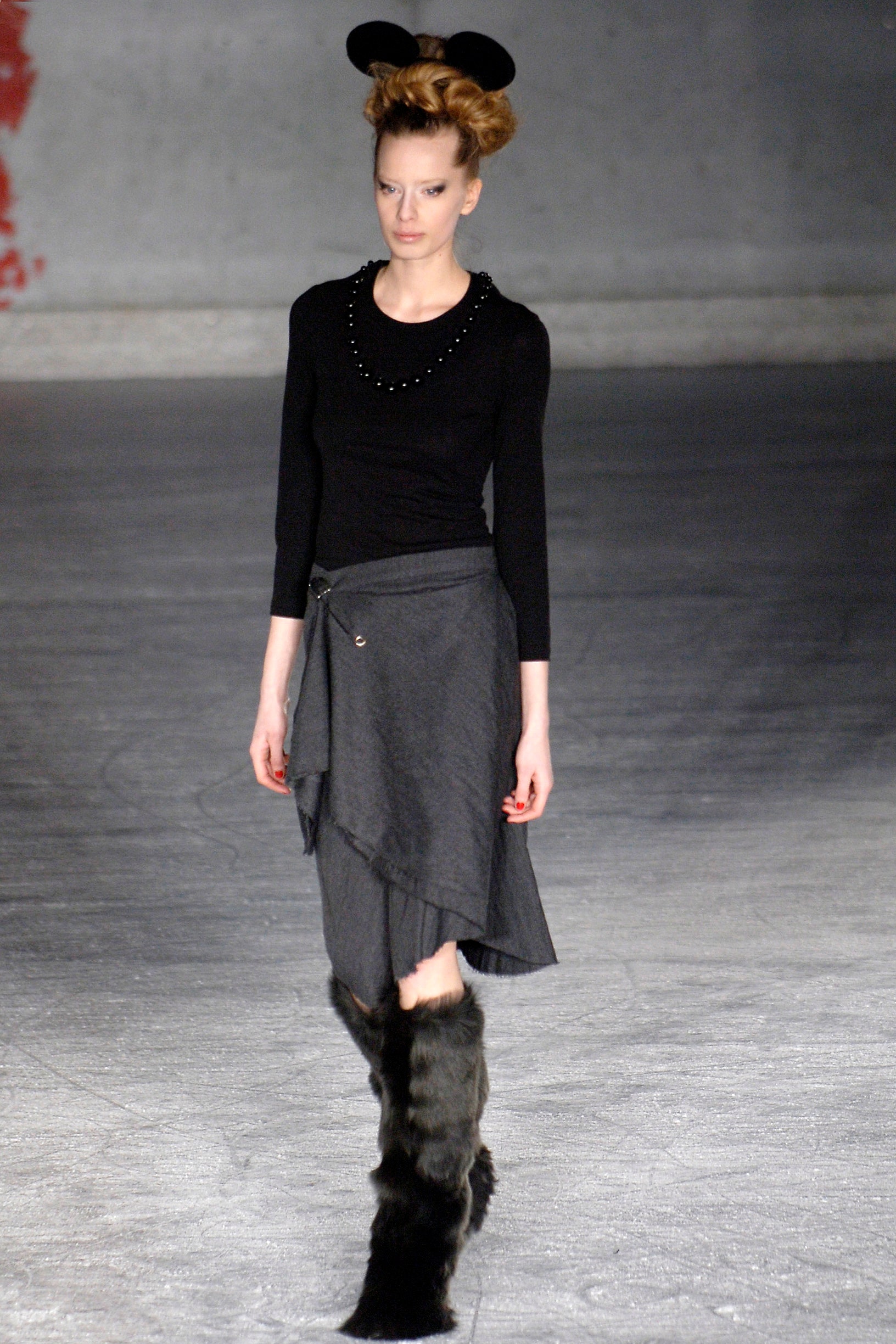 black fitted top gray asymmetric skirt