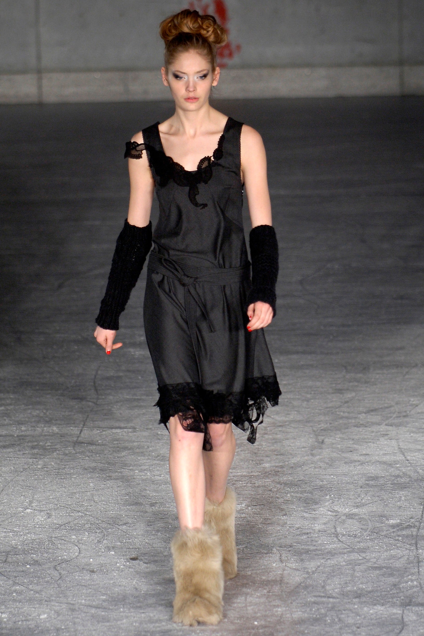 black silk sleeveless dress with gloves