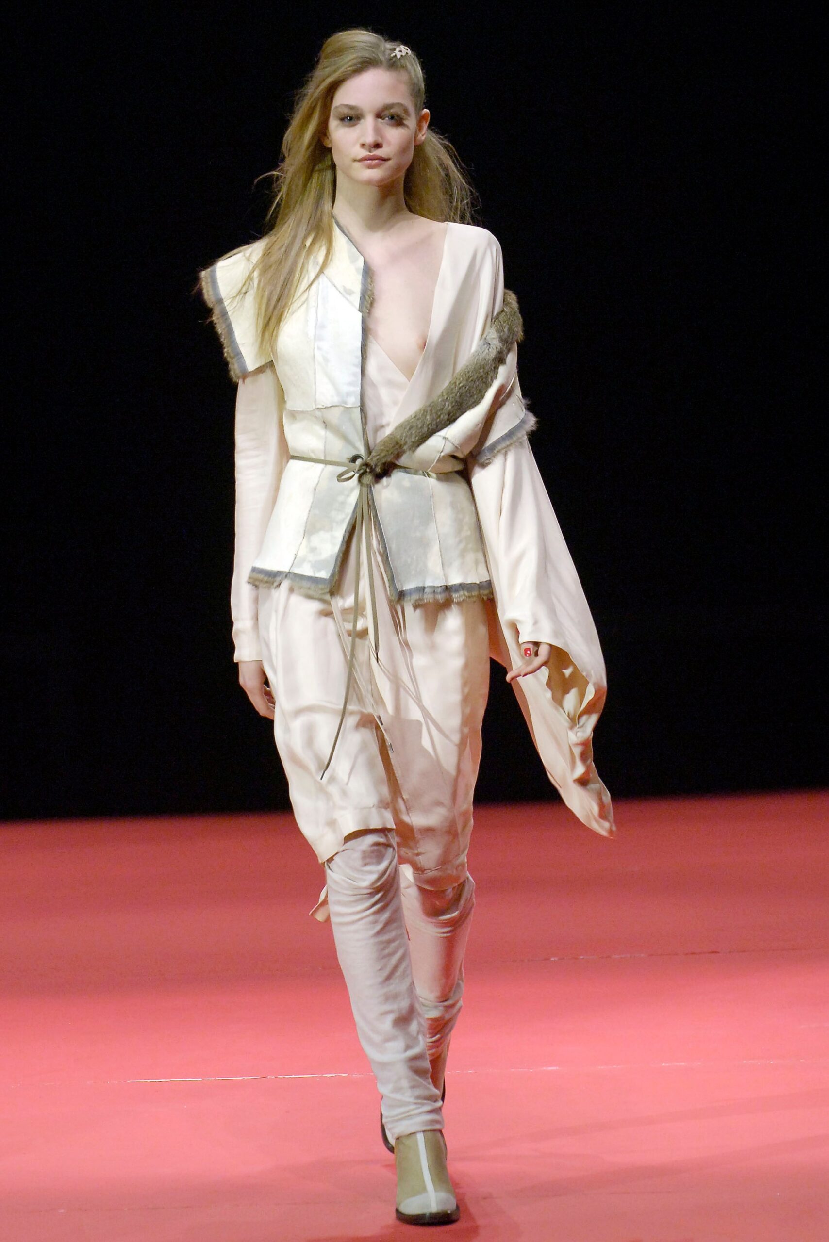 white silk fitted dress with beige cape