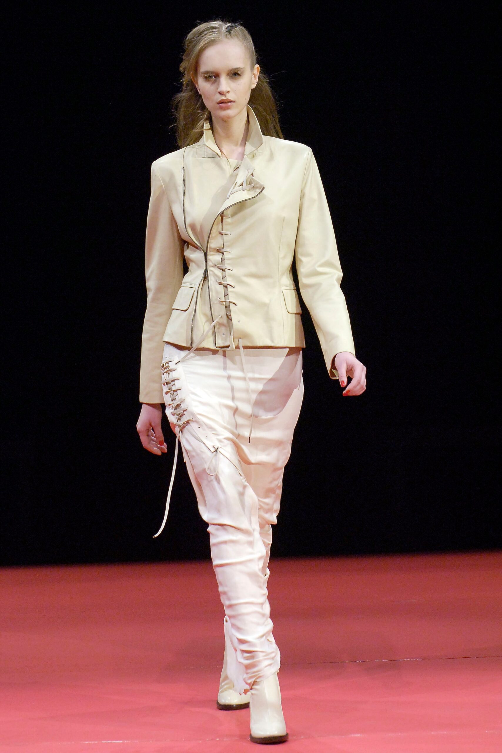 beige leather long-sleeve collared fitted buttoned jacket