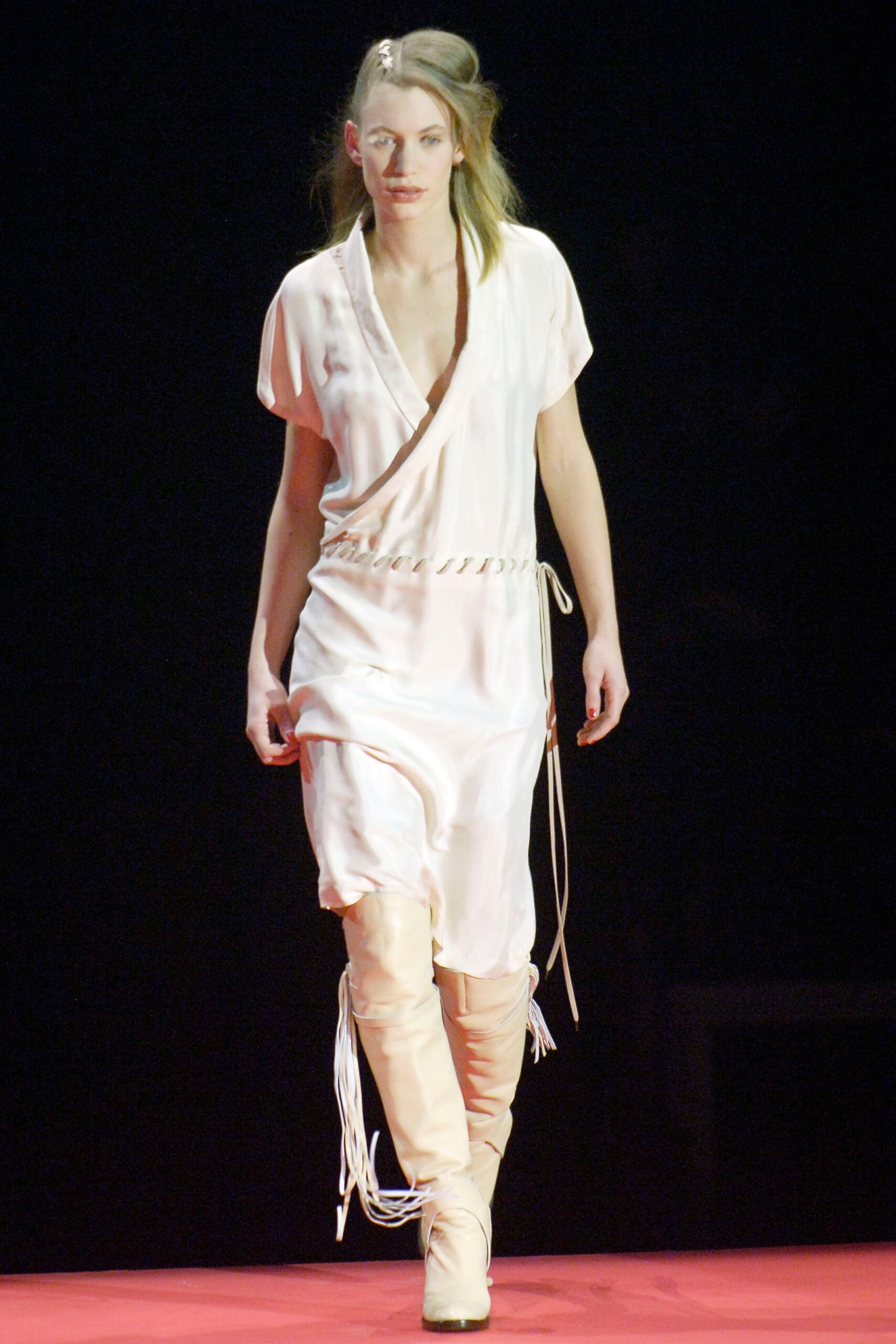 white silk midi dress with fringed boots