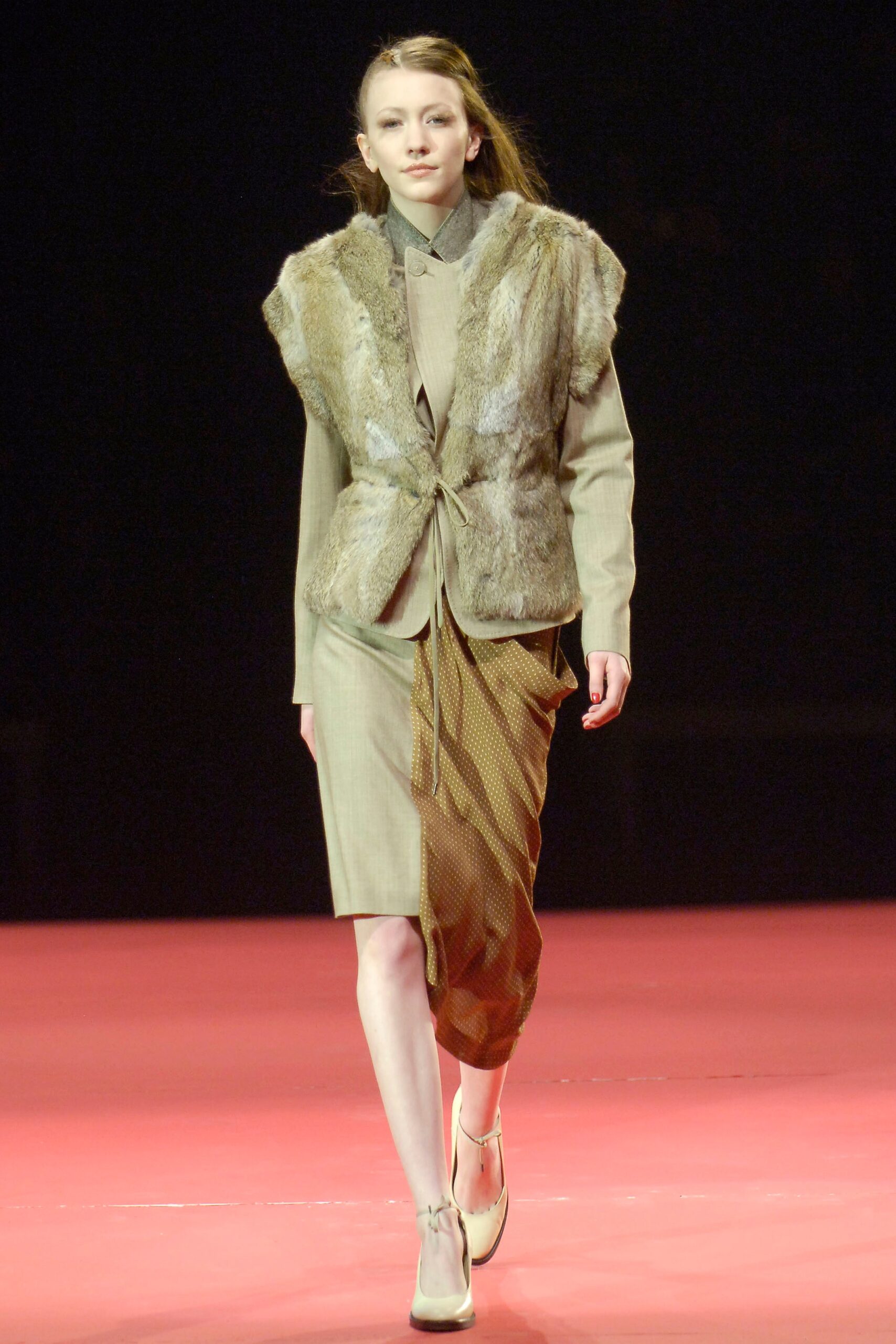brown fur vest beige blazer