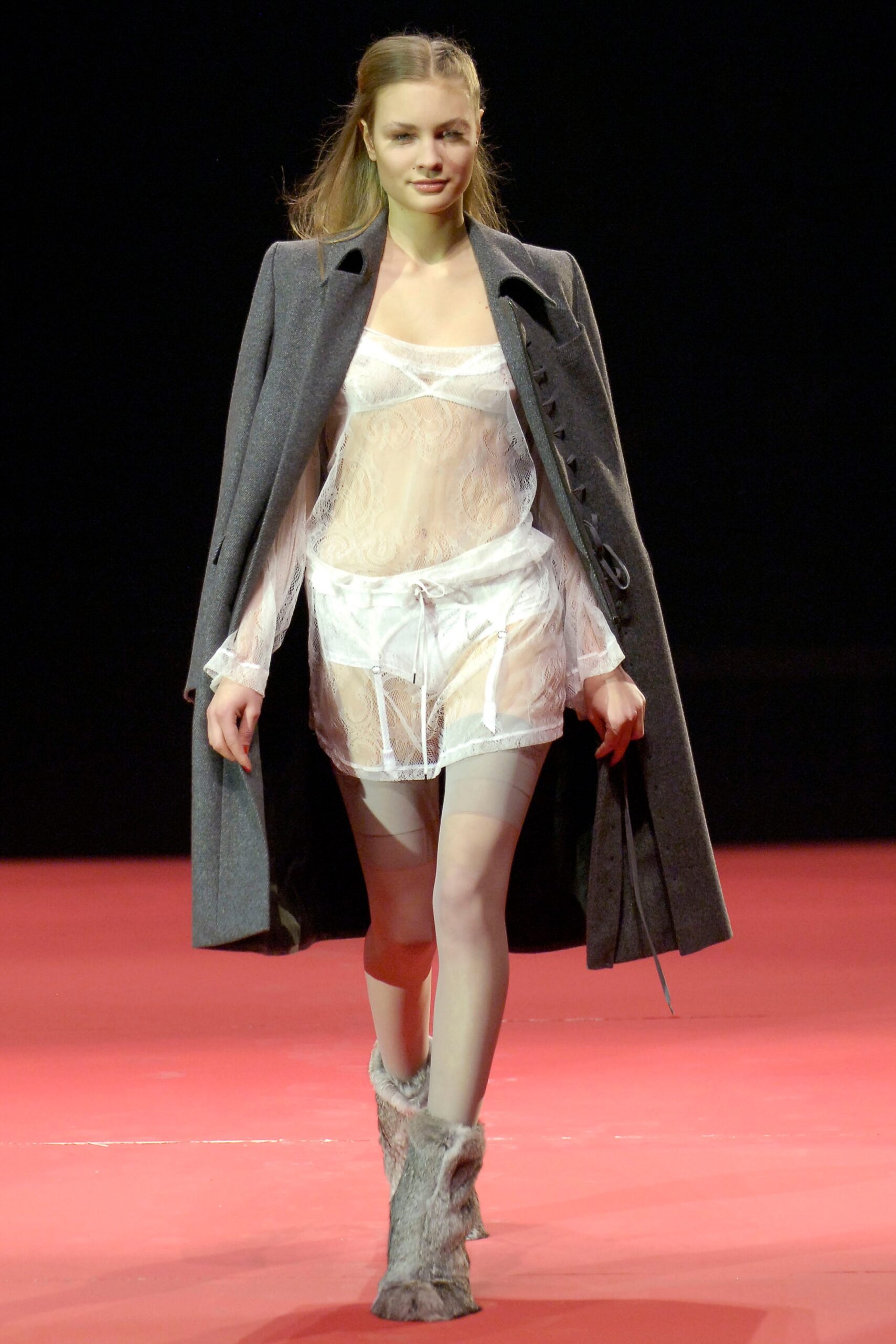 gray wool coat with white lace dress